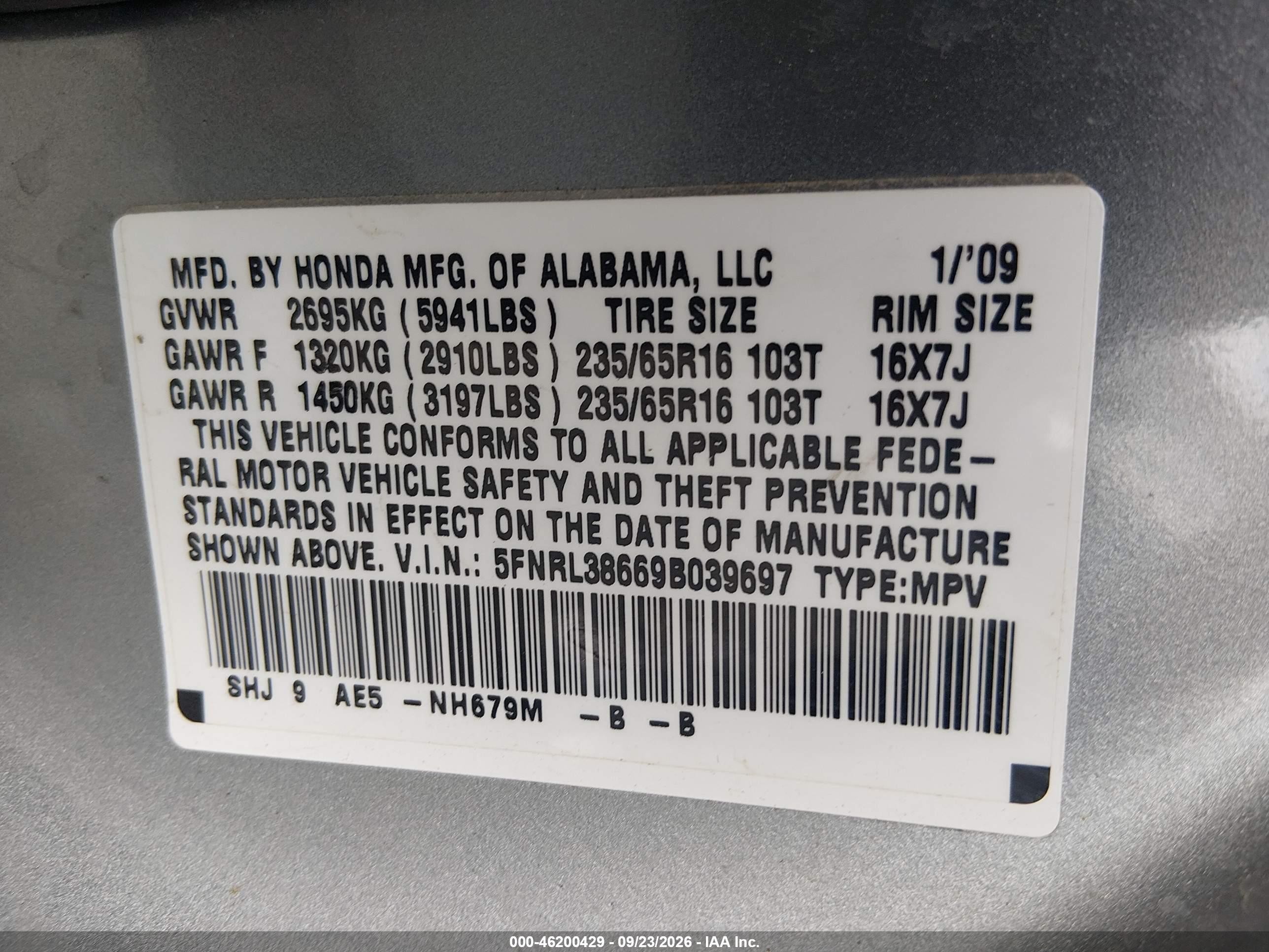 2009 Honda Odyssey VIN 5FNRL38669B039697 IAAI salvage auction — Unknown, Clear (Pennsylvania), sold $775 on 2026-10-08 (photo 9)
