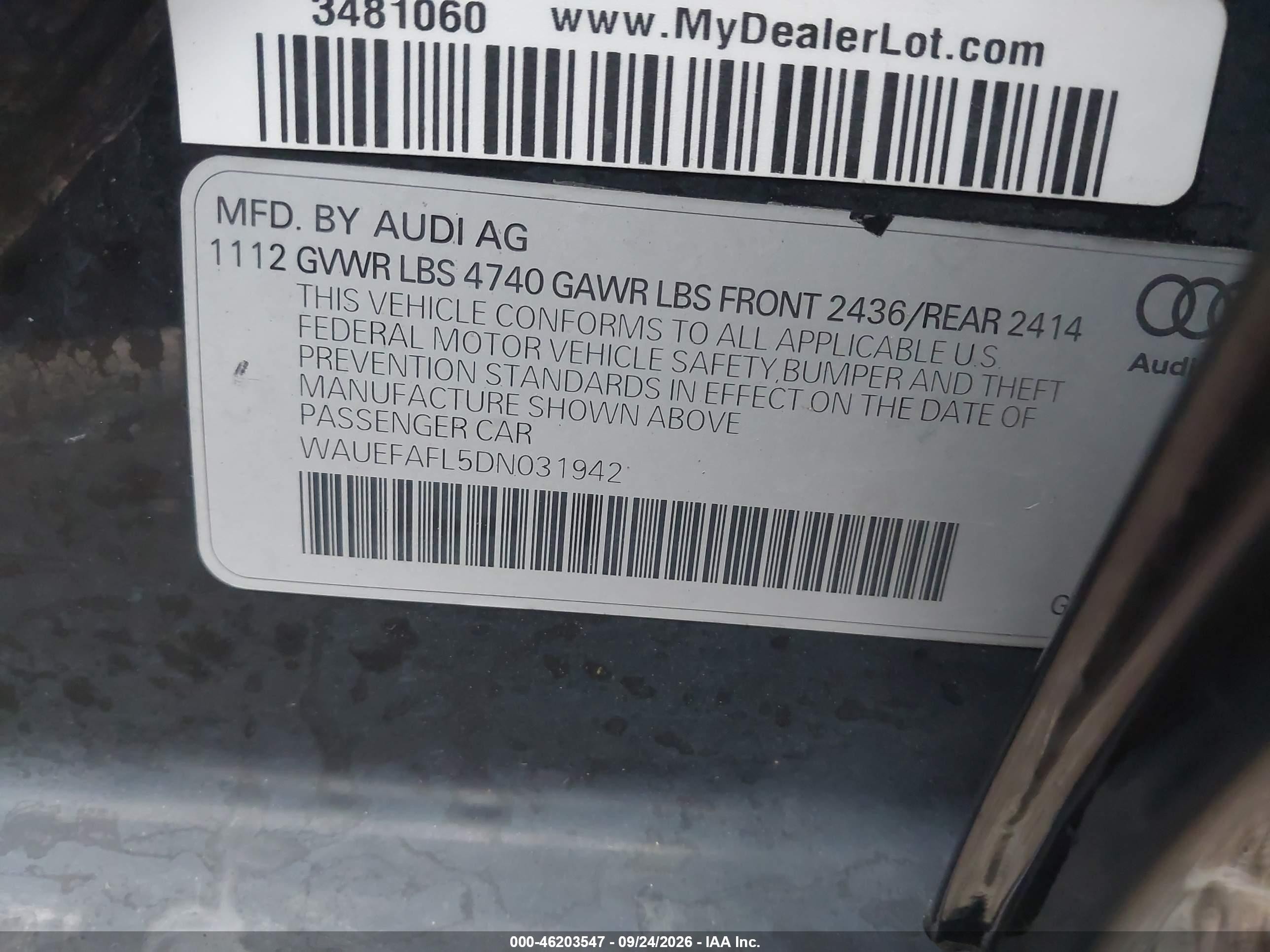 2013 Audi A4 VIN WAUEFAFL5DN031942 IAAI salvage auction — Normal Wear, Clear (Indiana), sold $850 on 2026-10-05 (photo 9)
