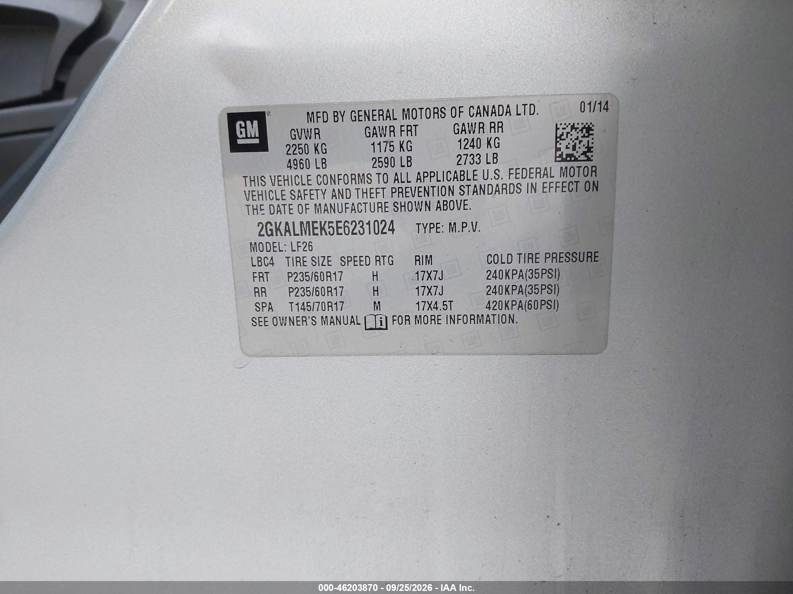2014 Gmc Terrain VIN 2GKALMEK5E6231024 IAAI salvage auction — Normal Wear, Clear (Virginia), sold $800 on 2026-10-07 (photo 9)