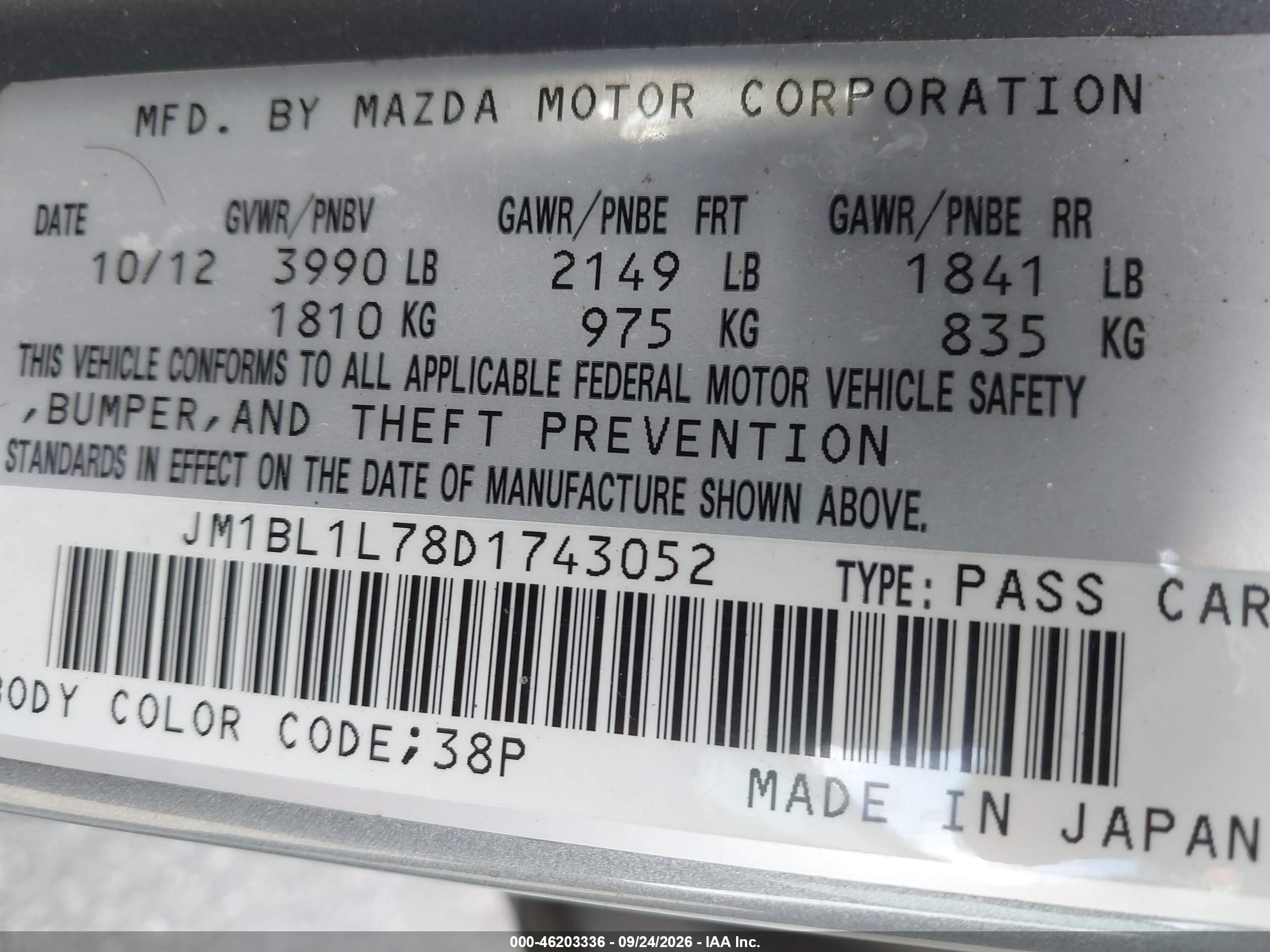 2013 Mazda 3 VIN JM1BL1L78D1743052 IAAI salvage auction — Normal Wear, Clear (Florida), sold $1,000 on 2026-10-04 (photo 9)