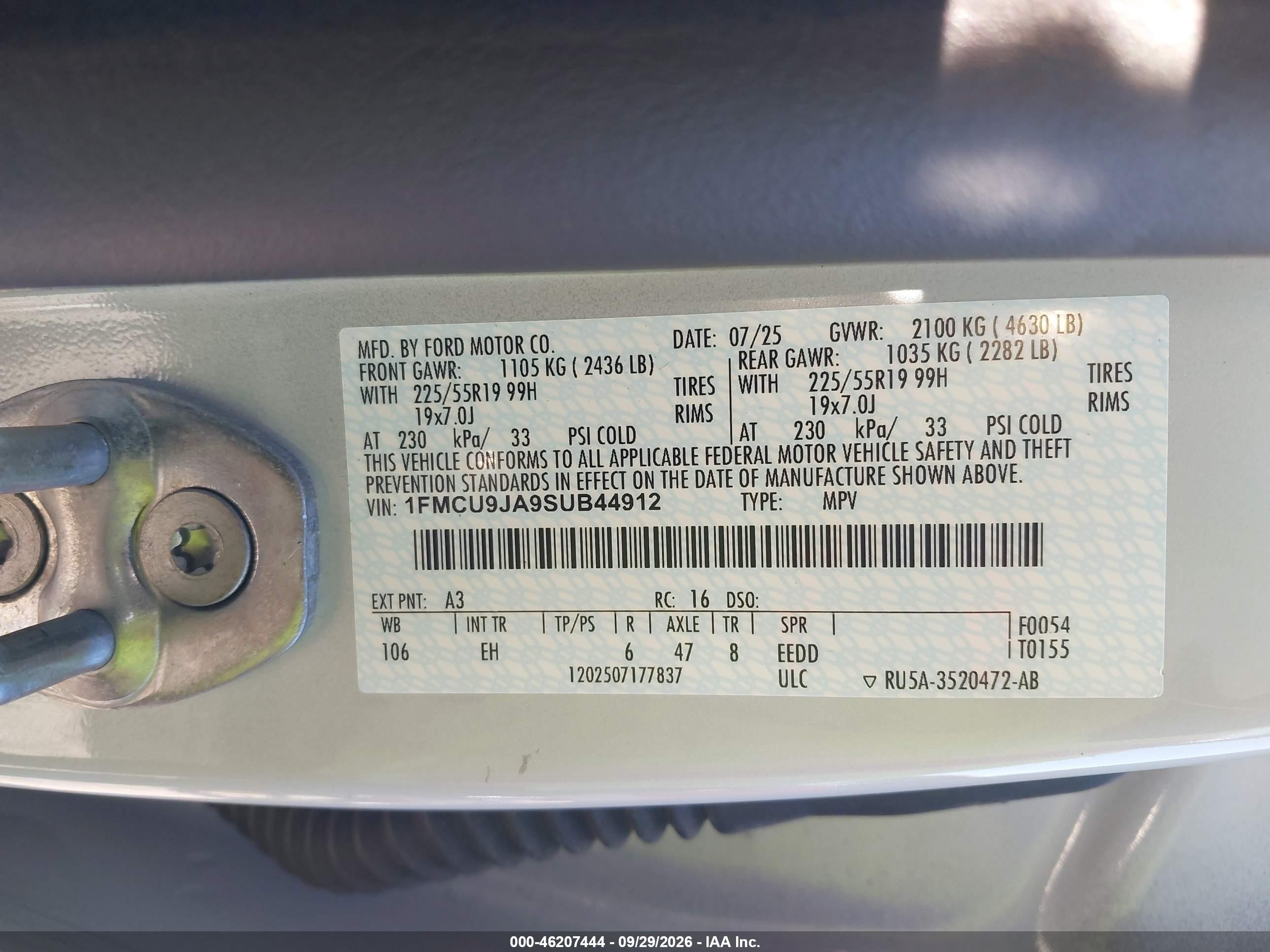 2025 Ford Escape VIN 1FMCU9JA9SUB44912 IAAI salvage auction — Normal Wear, Clear (Texas), sold $14,600 on 2026-10-06 (photo 9)