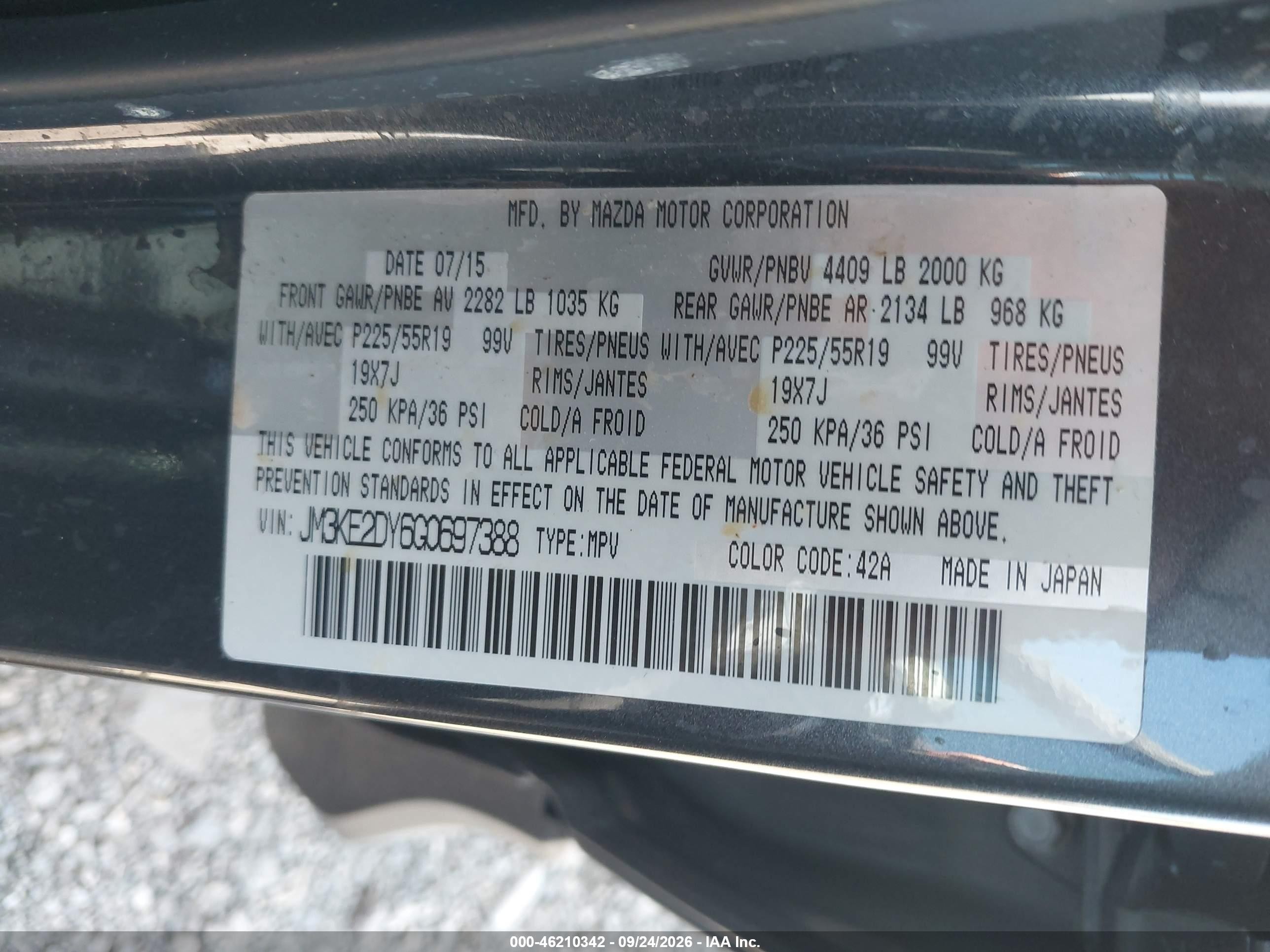 2016 Mazda Cx-5 VIN JM3KE2DY6G0697388 IAAI salvage auction — Theft, Rebuildable (Florida), sold $5,300 on 2026-10-07 (photo 9)