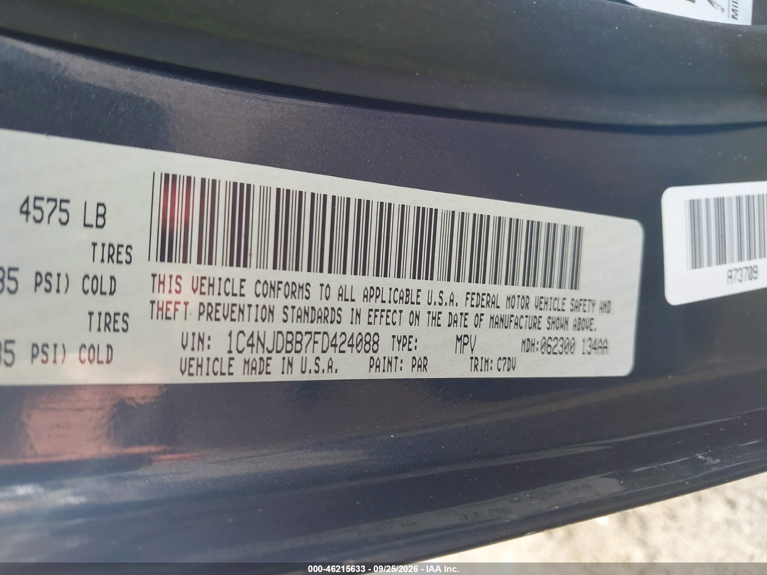 2015 Jeep Compass VIN 1C4NJDBB7FD424088 IAAI salvage auction — Normal Wear, Clear (Florida), sold $825 on 2026-10-01 (photo 9)