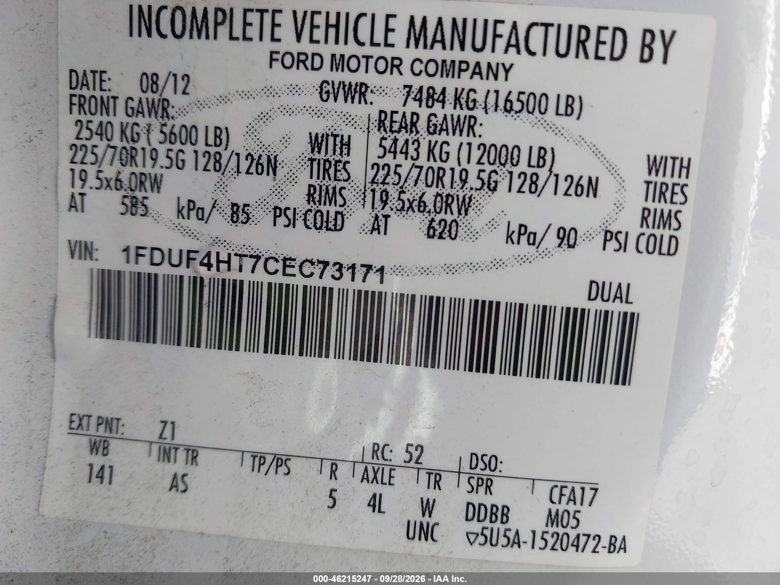 2012 Ford F-450 VIN 1FDUF4HT7CEC73171 IAAI salvage auction — Normal Wear, SF97 (California), sold $20,700 on 2026-10-15 (photo 9)