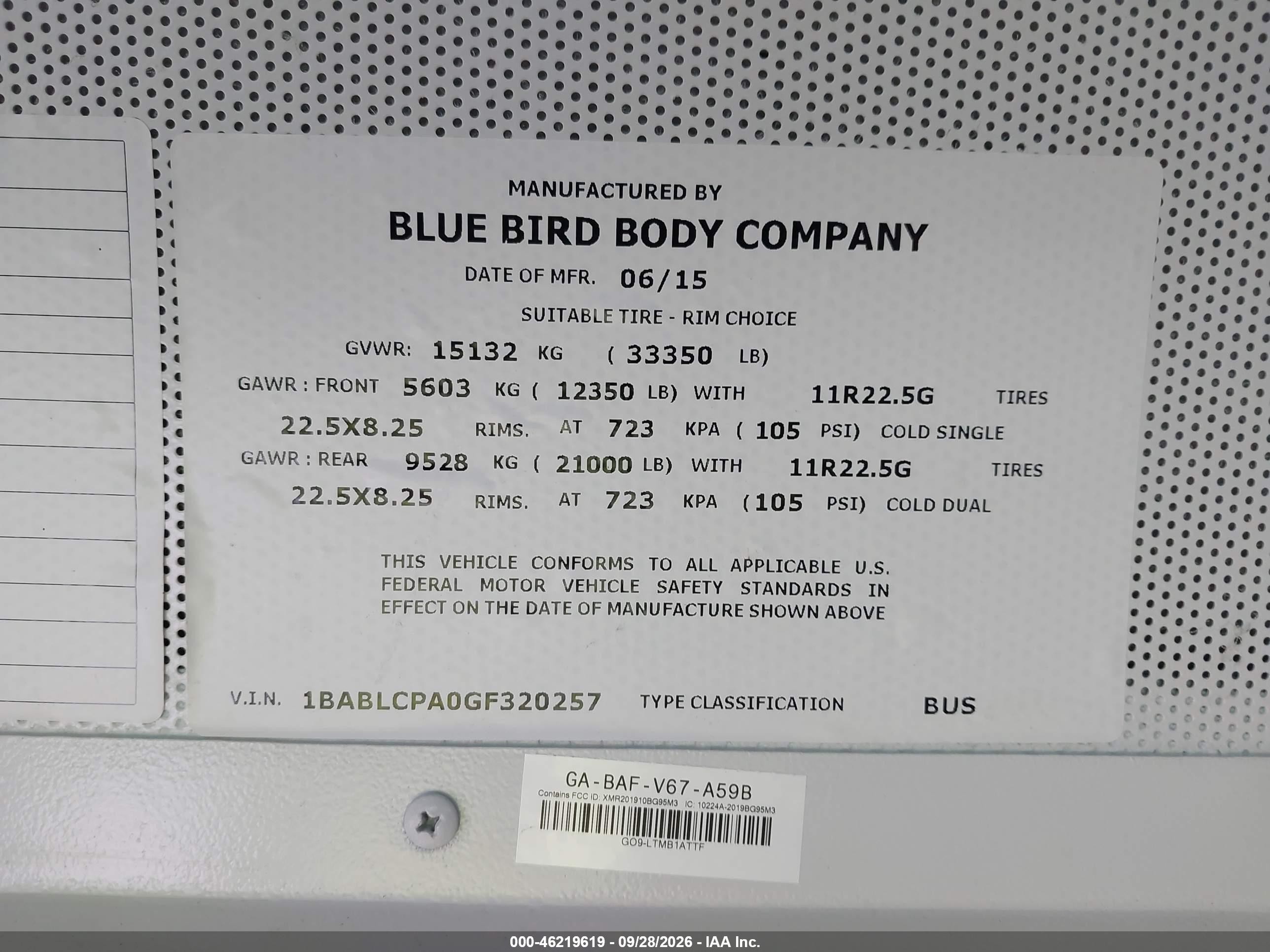 2016 Blue Bird School Bus / Transit Bus VIN 1BABLCPA0GF320257 IAAI salvage auction — Normal Wear, Sf97 (Washington), sold $15,100 on 2026-10-08 (photo 9)