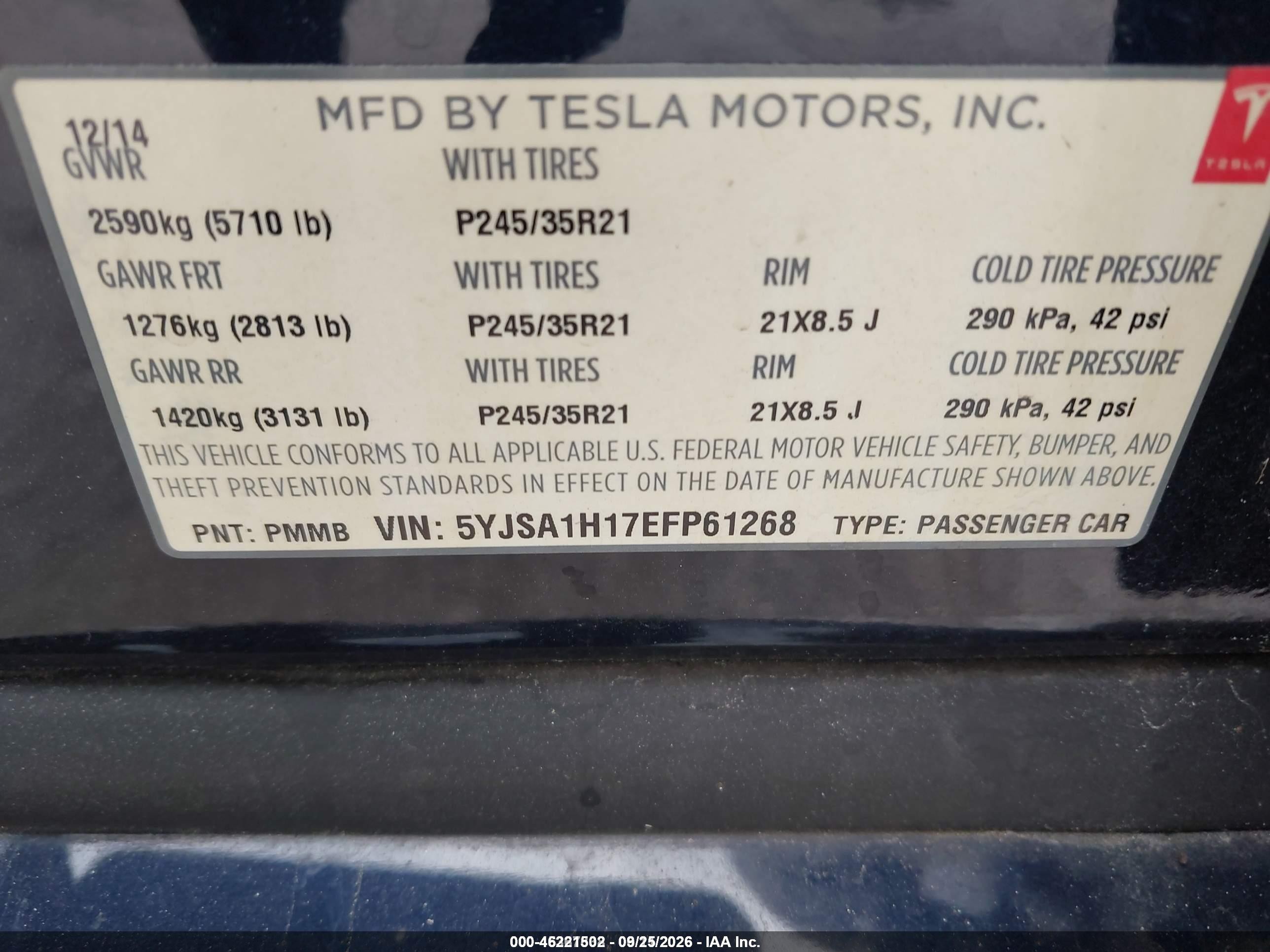 2014 Tesla Model S VIN 5YJSA1H17EFP61268 IAAI salvage auction — Mechanical, Clear (Florida), sold $3,400 on 2026-09-27 (photo 9)