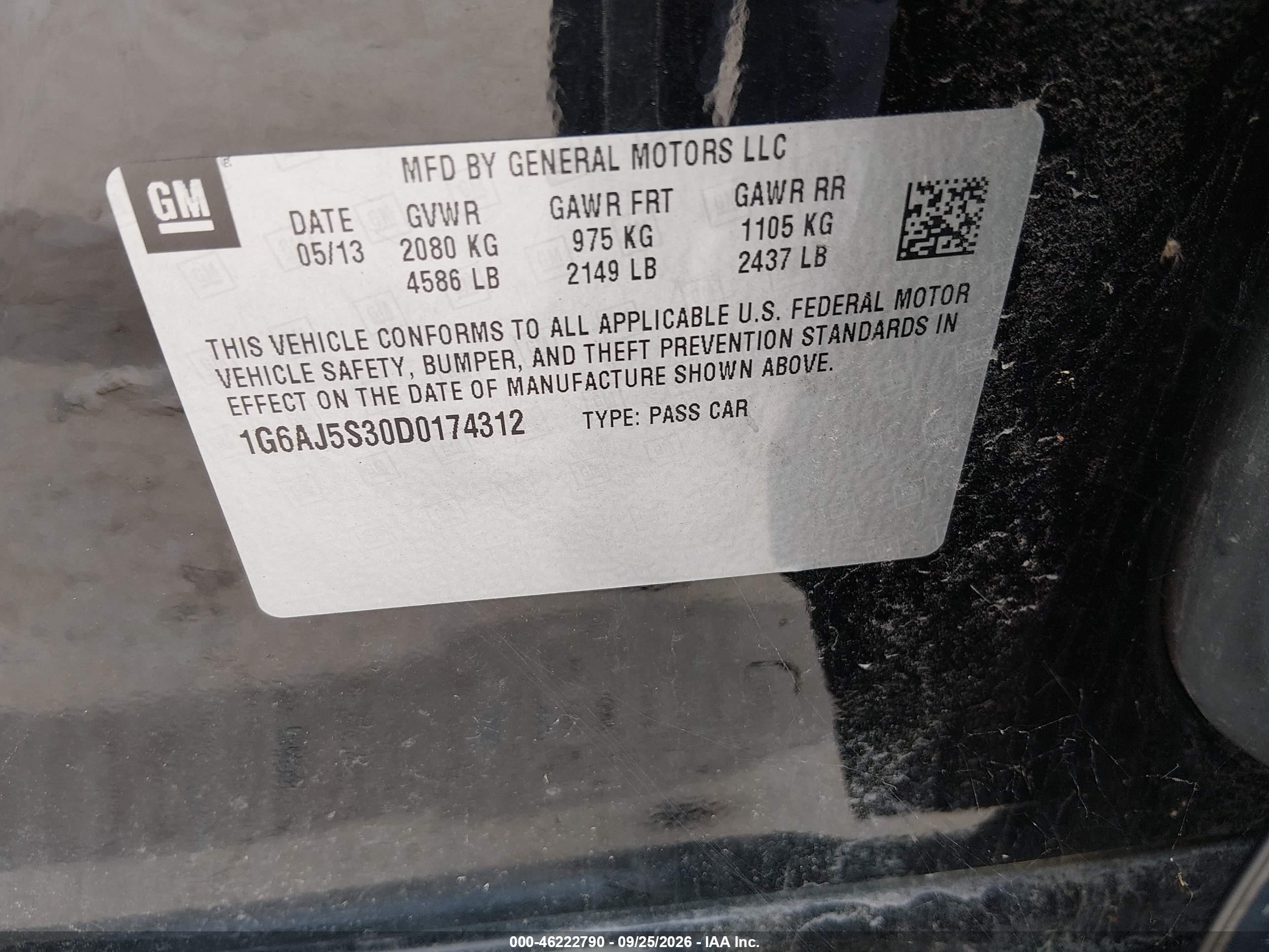 2013 Cadillac Ats VIN 1G6AJ5S30D0174312 IAAI salvage auction — Normal Wear, Original (New Hampshire), sold $700 on 2026-10-07 (photo 9)