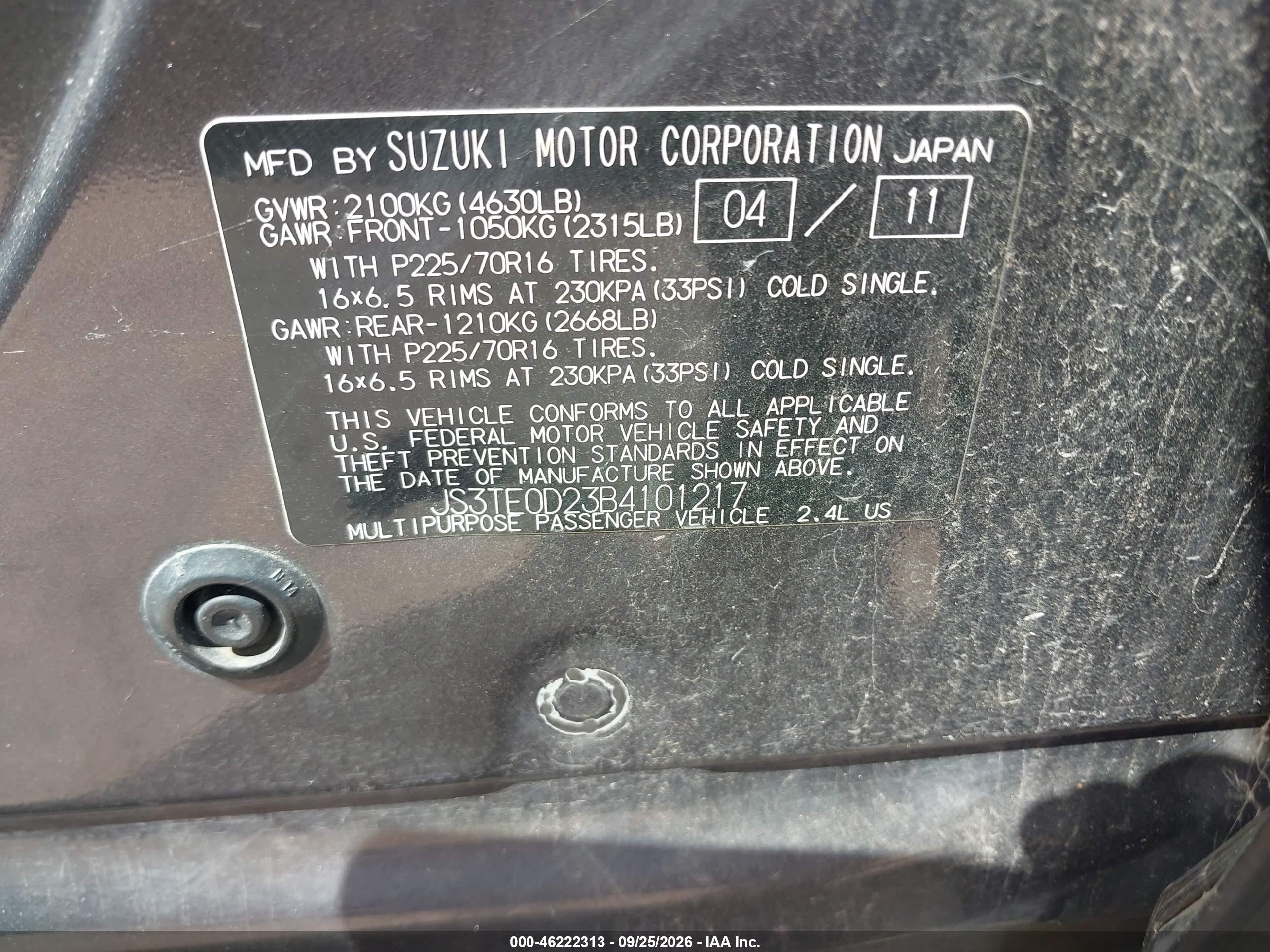 2011 Suzuki Grand Vitara VIN JS3TE0D23B4101217 IAAI salvage auction — Normal Wear, Original (Texas), sold $1,325 on 2026-10-06 (photo 9)