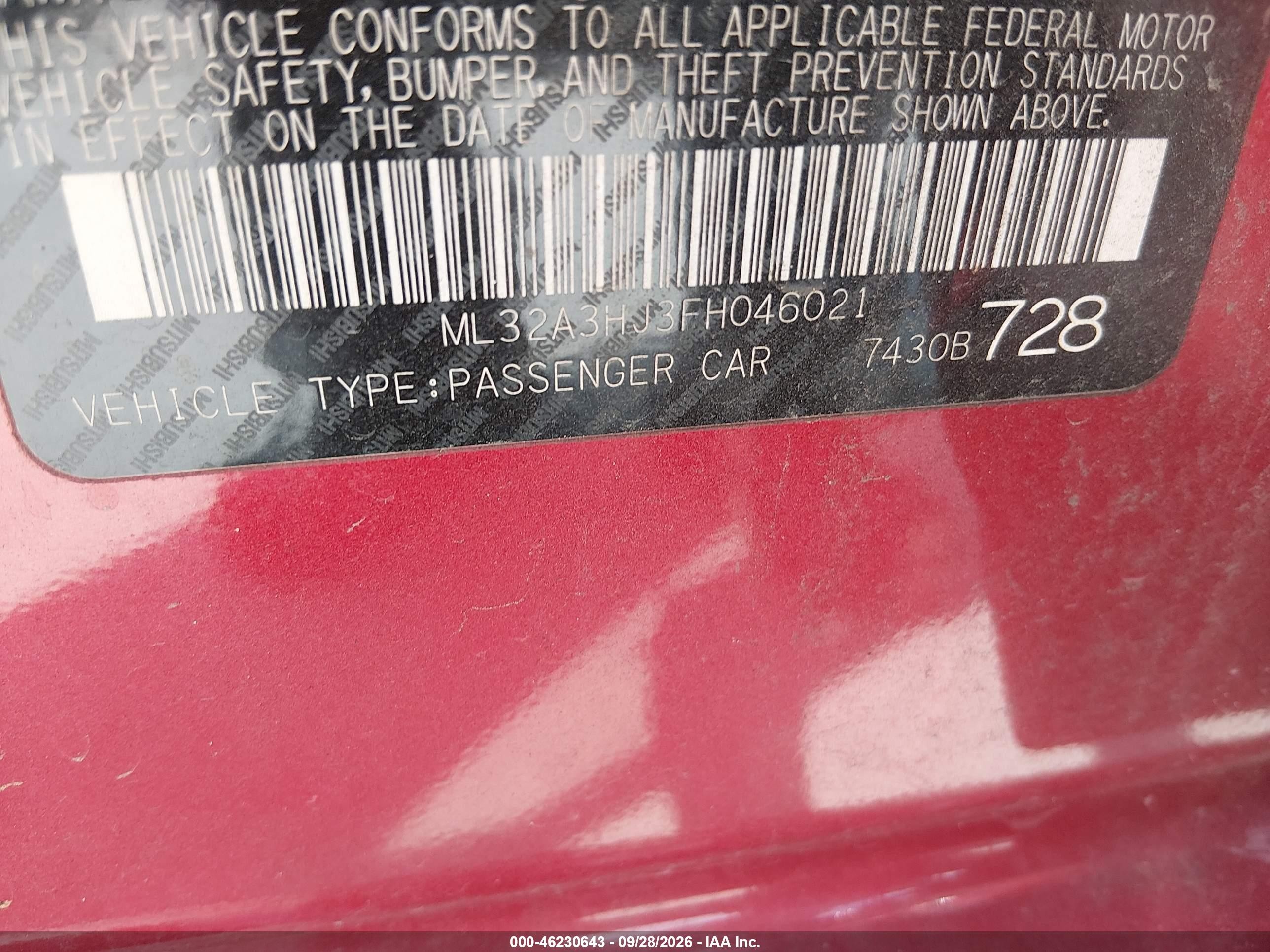 2015 Mitsubishi Mirage VIN ML32A3HJ3FH046021 IAAI salvage auction — Normal Wear, Original (Texas), sold $550 on 2026-10-05 (photo 9)