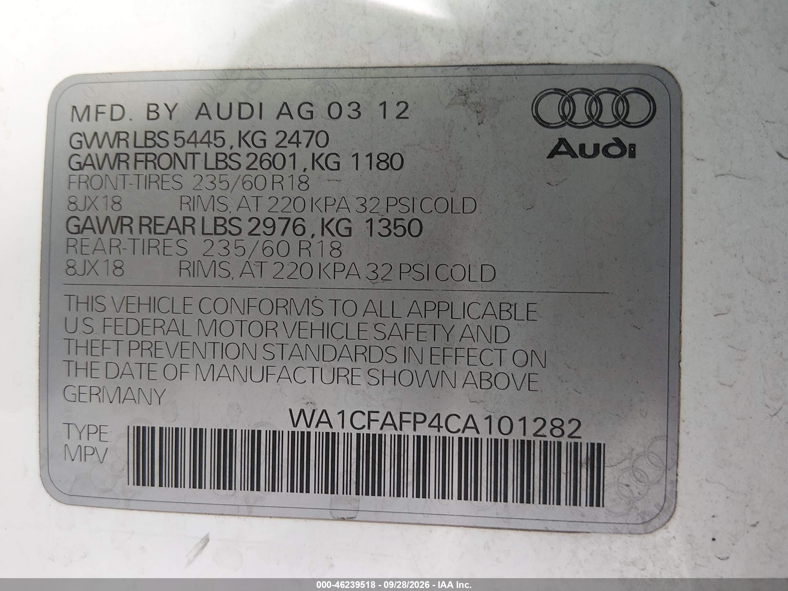 2012 Audi Q5 VIN WA1CFAFP4CA101282 IAAI salvage auction — Normal Wear, Clear (Nevada), sold $1,175 on 2026-10-04 (photo 9)