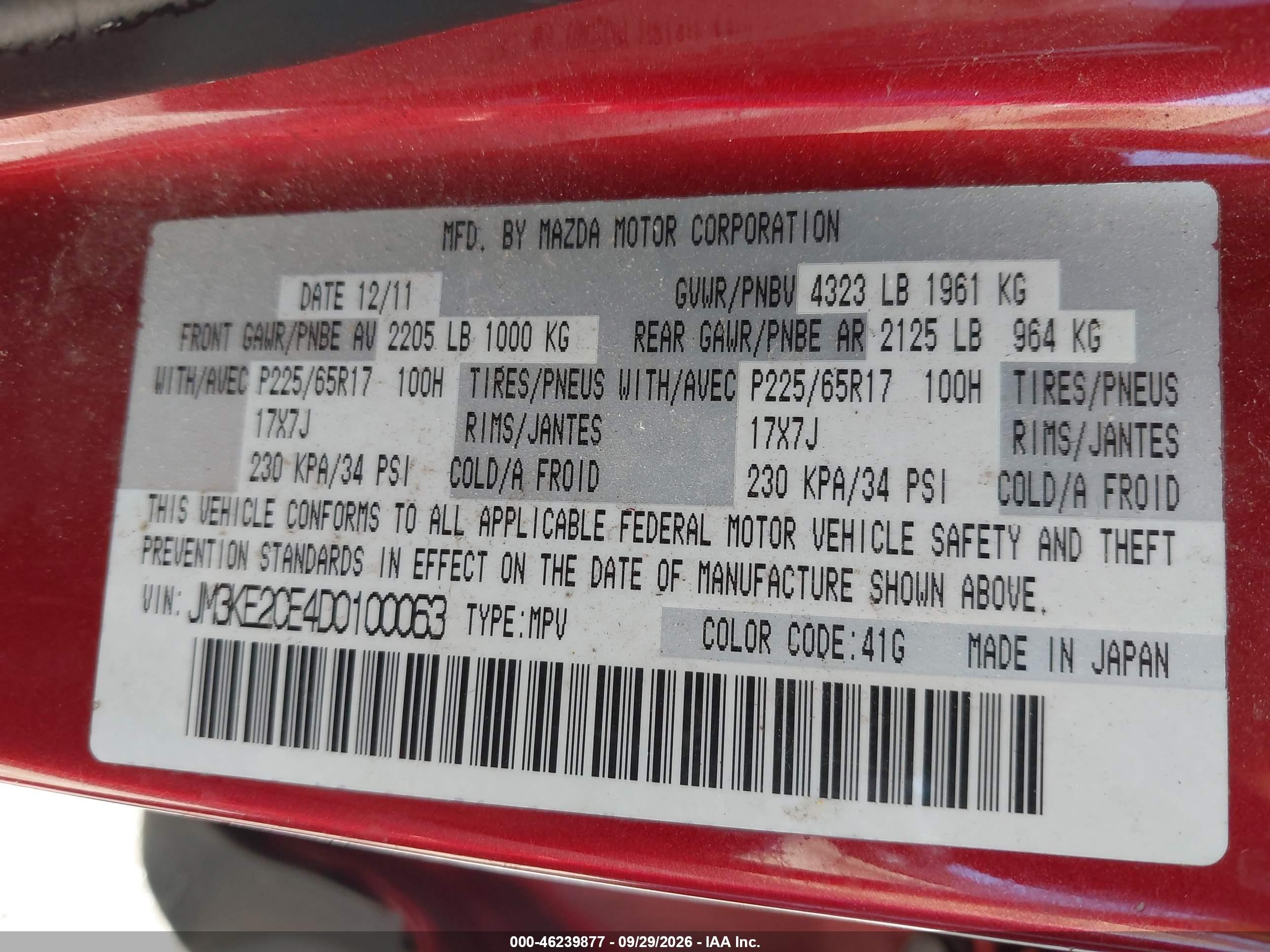 2013 Mazda CX-5 VIN JM3KE2CE4D0100063 IAAI salvage auction — Normal Wear, Clear - Dealer Only (California), sold $1,350 on 2026-10-08 (photo 9)