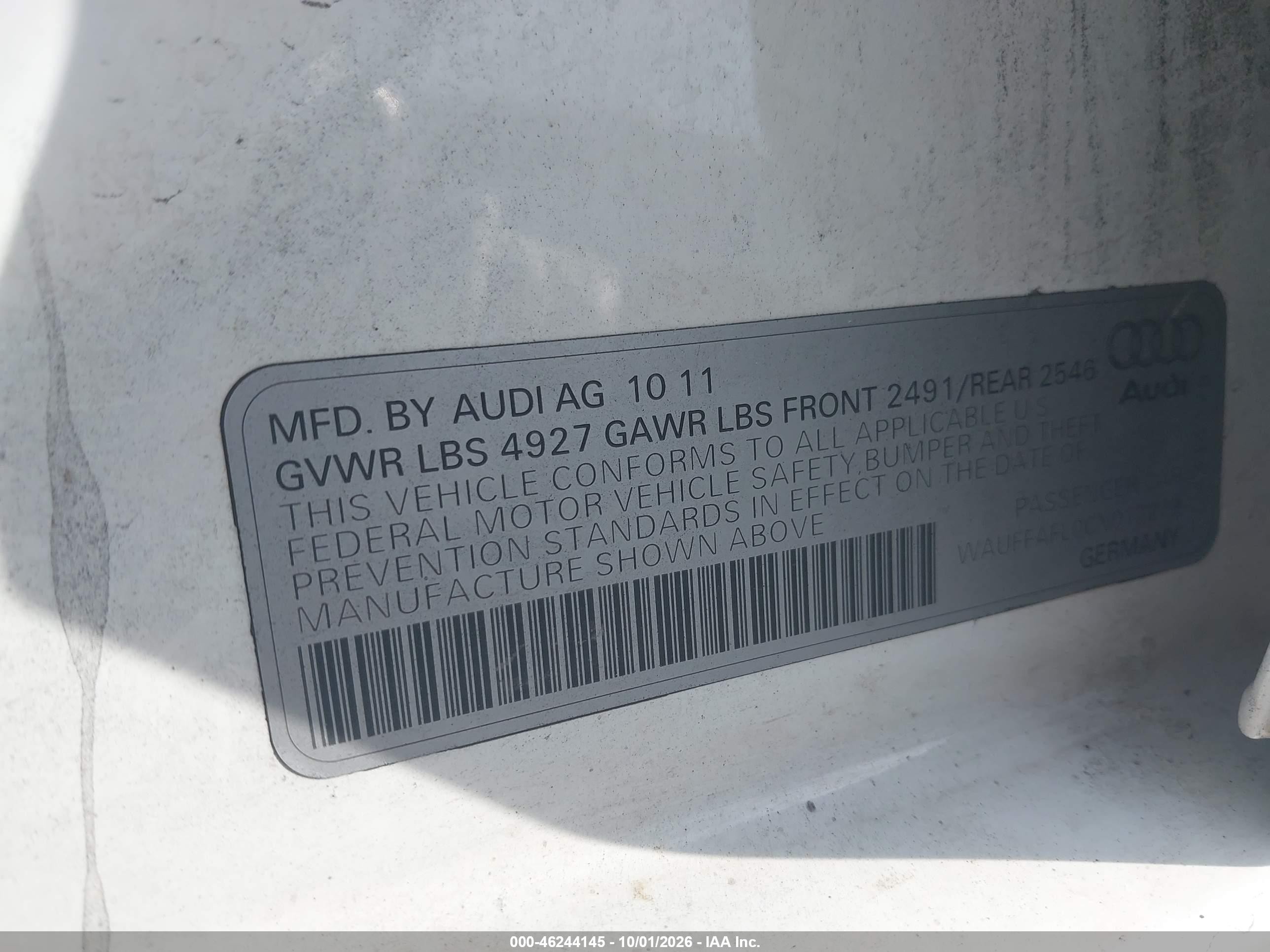 2012 Audi A4 VIN WAUFFAFL0CN012279 IAAI salvage auction — Normal Wear, Original (Texas), sold $500 on 2026-10-23 (photo 9)
