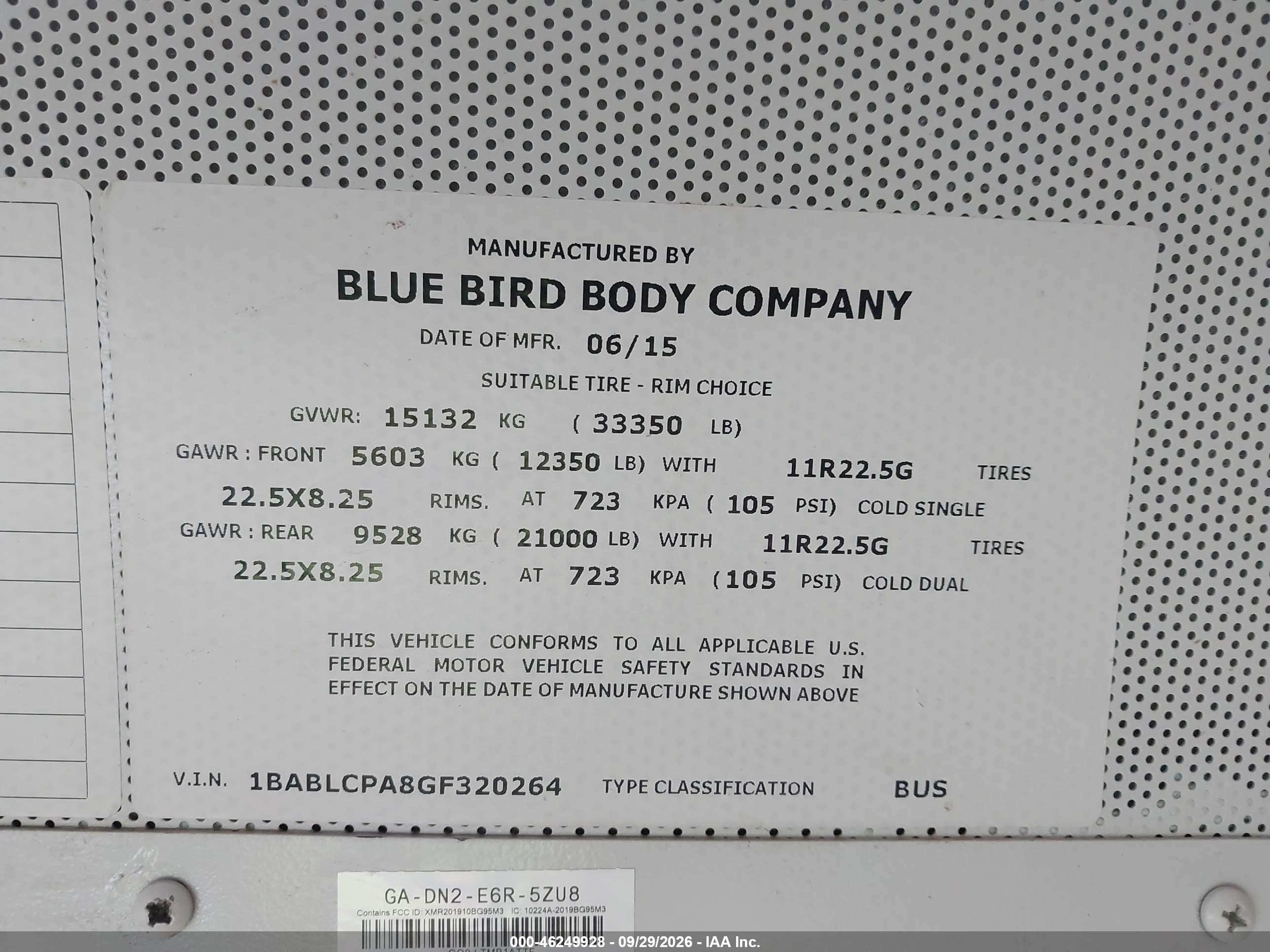2016 Blue Bird School Bus / Transit Bus VIN 1BABLCPA8GF320264 IAAI salvage auction — Normal Wear, Sf97 (Washington), sold $21,500 on 2026-10-15 (photo 9)
