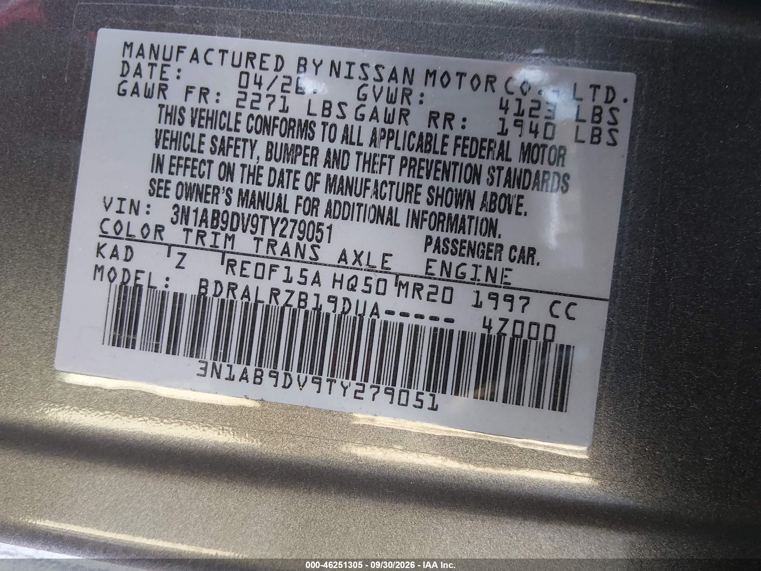 2026 Nissan Sentra VIN 3N1AB9DV9TY279051 IAAI salvage auction — Side, Enterprise Vehicle Bill Of Sale (Washington), sold $7,400 on 2026-10-07 (photo 9)