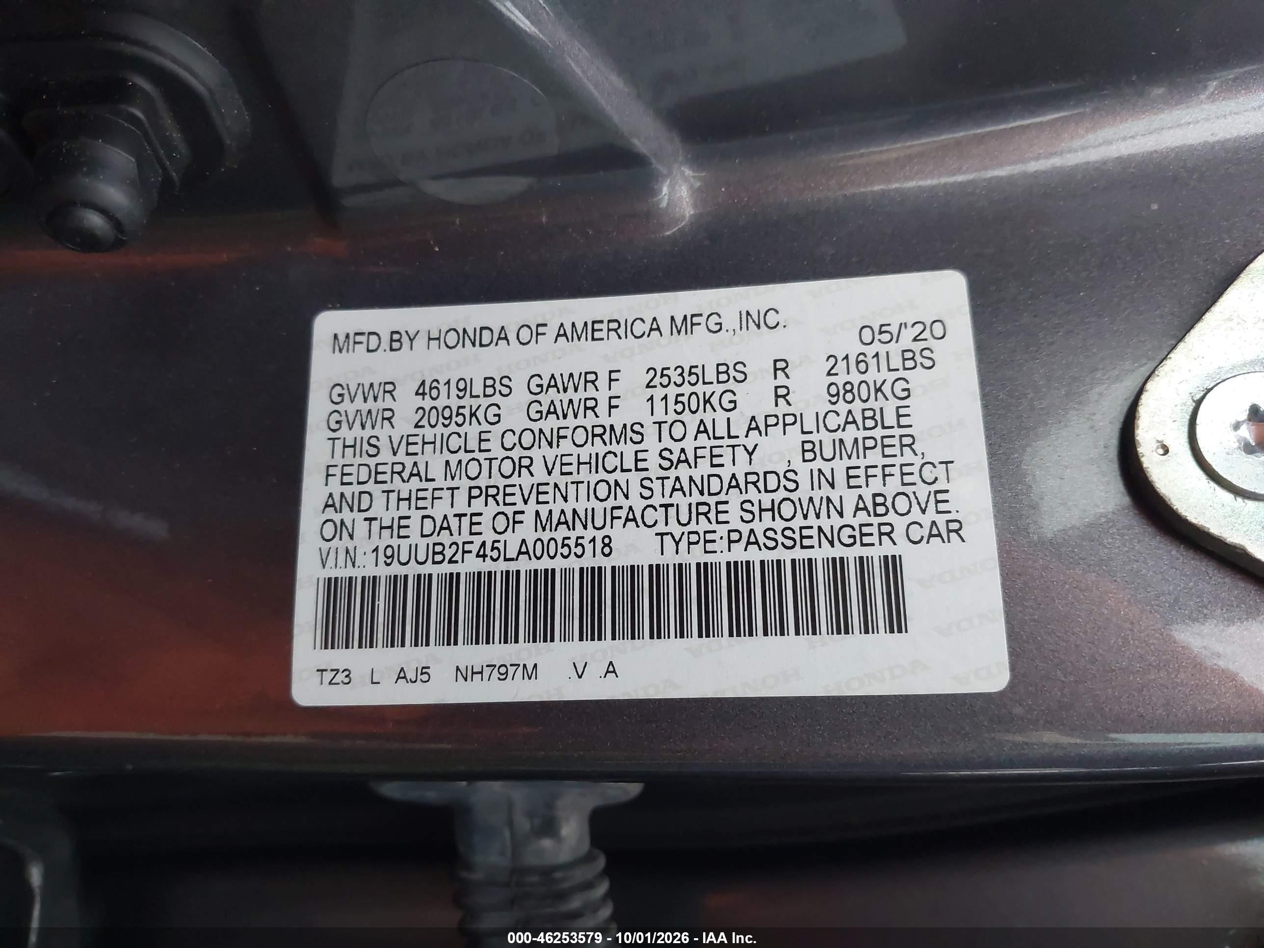 2020 Acura Tlx VIN 19UUB2F45LA005518 IAAI salvage auction — Theft, Salvage (Pennsylvania), sold $9,000 on 2026-10-08 (photo 9)