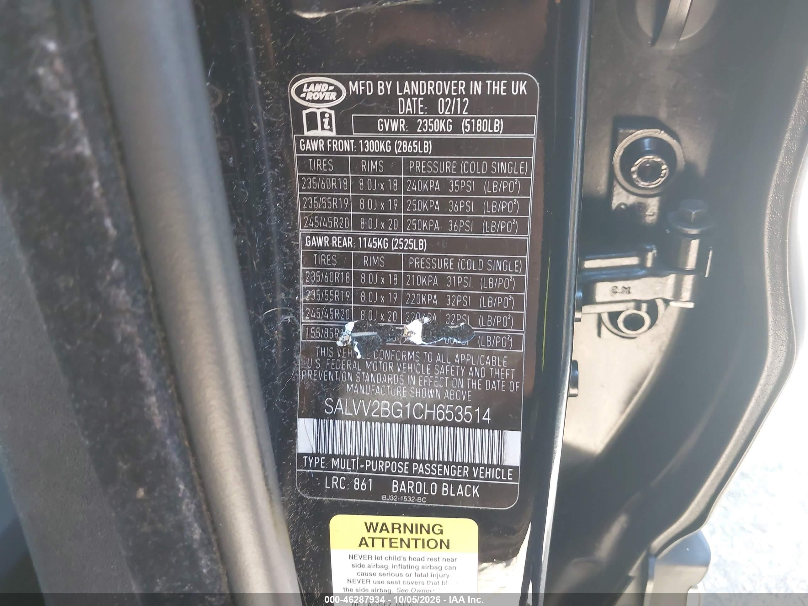 2012 Land Rover Range Rover Evoque VIN SALVV2BG1CH653514 IAAI salvage auction — Normal Wear, Clear (Indiana), sold $2,150 on 2026-10-10 (photo 9)