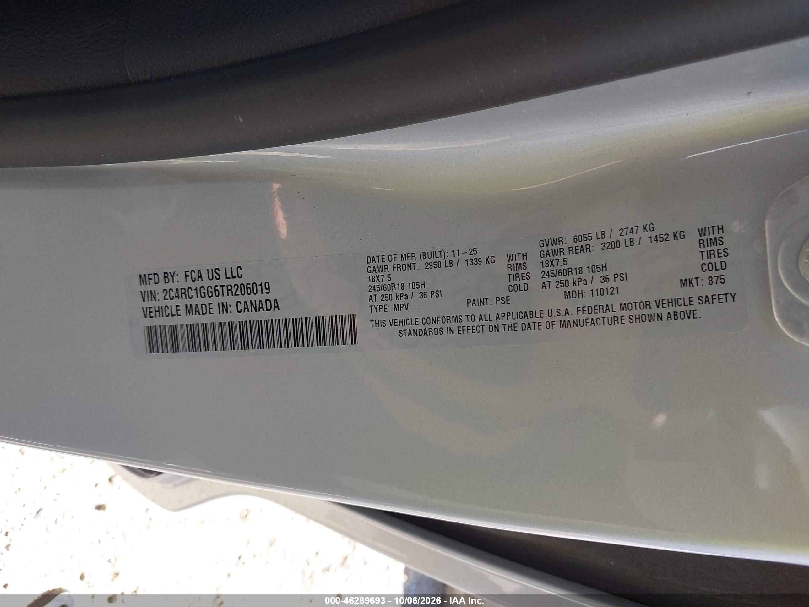 2026 Chrysler Pacifica VIN 2C4RC1GG6TR206019 IAAI salvage auction — Hail, Enterprise Vehicles Clear Only (Virginia), sold $20,700 on 2026-10-10 (photo 9)