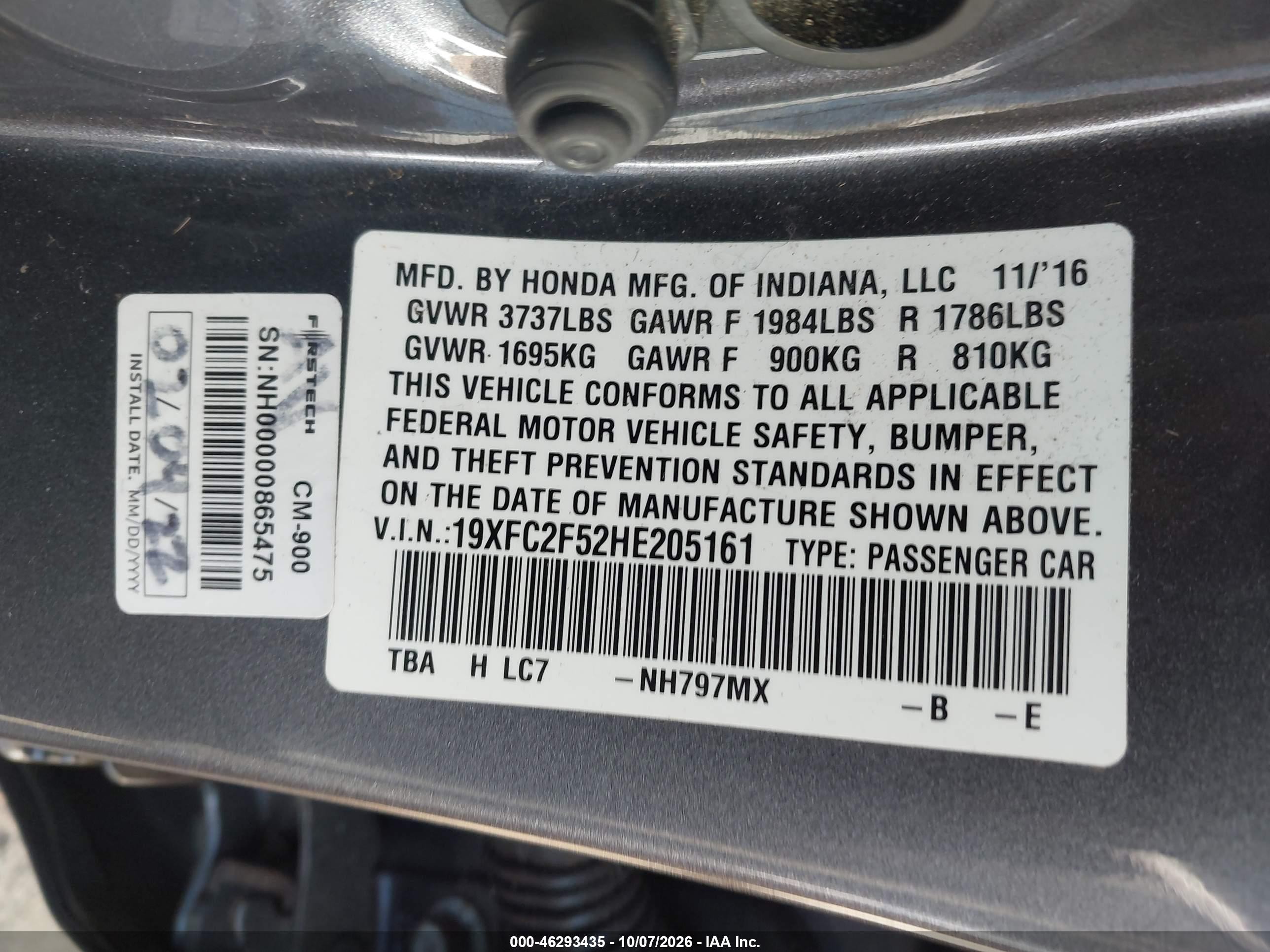 2017 Honda Civic VIN 19XFC2F52HE205161 IAAI salvage auction — Front End, Salvage (Idaho), sold $3,275 on 2026-10-21 (photo 9)