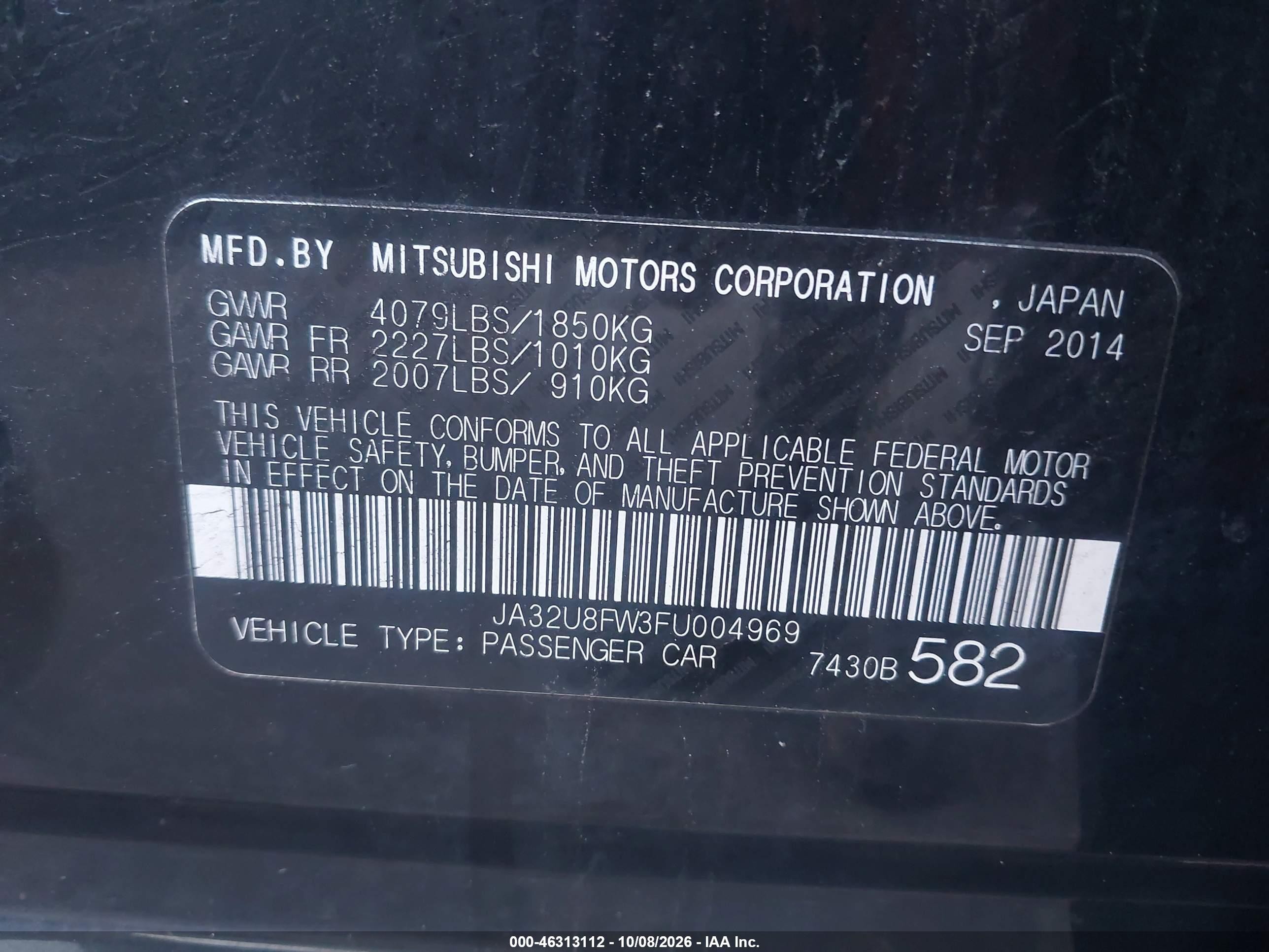 2015 Mitsubishi Lancer VIN JA32U8FW3FU004969 IAAI salvage auction — Normal Wear, Clear (New Jersey), sold $1,825 on 2026-10-18 (photo 9)