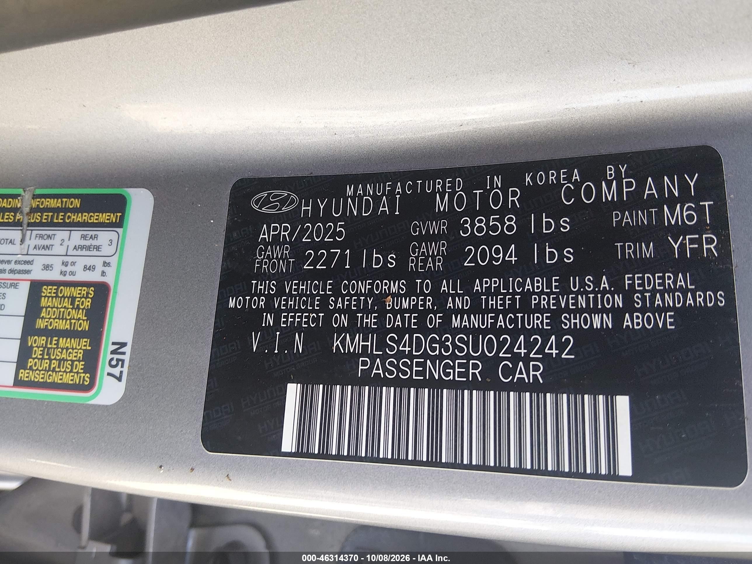 2025 Hyundai Elantra VIN KMHLS4DG3SU024242 IAAI salvage auction — Side, Enterprise Vehicles Clear Only (Virginia), sold $12,000 on 2026-10-11 (photo 9)