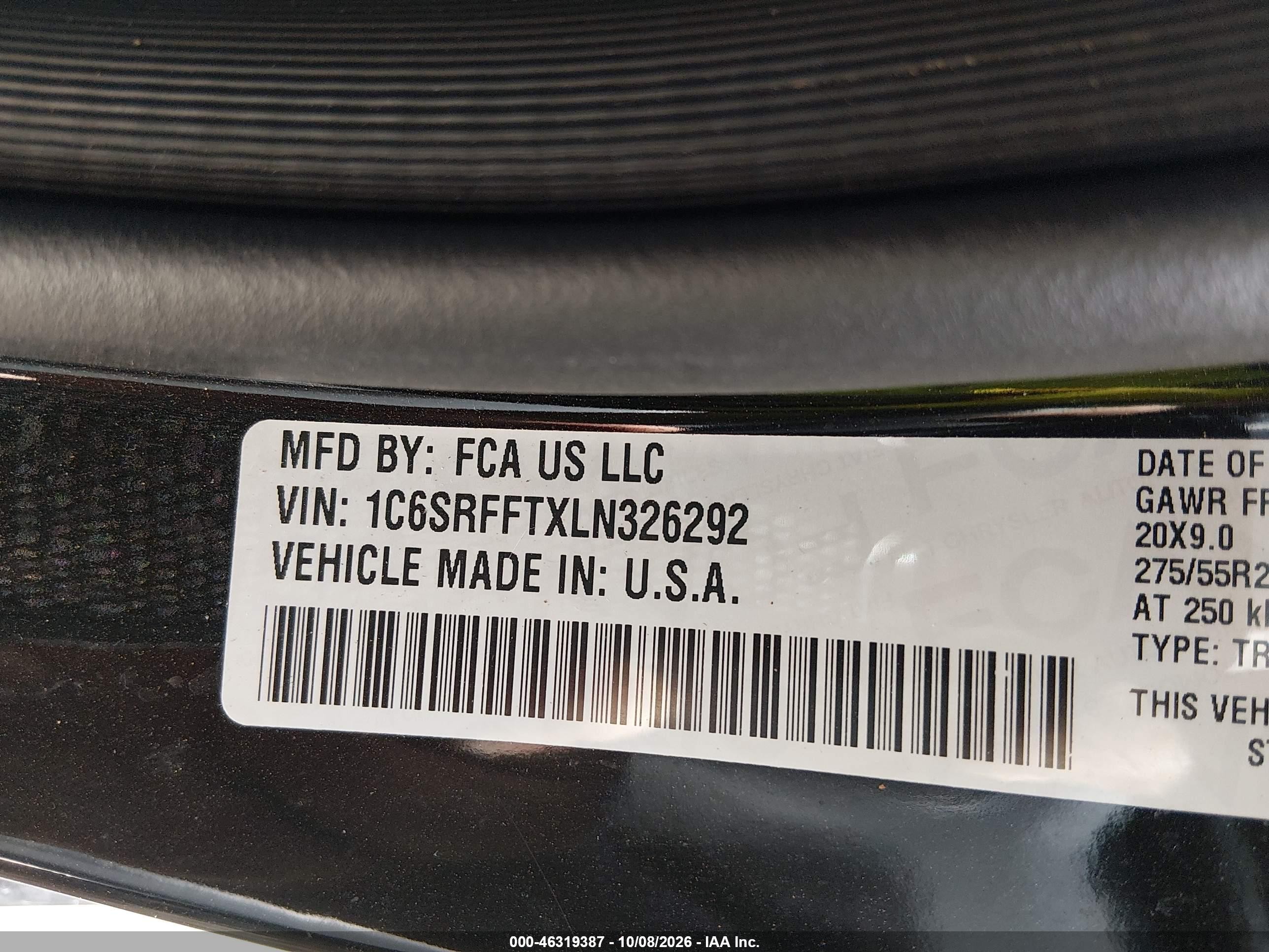 2020 Ram 1500 VIN 1C6SRFFTXLN326292 IAAI salvage auction — Side, Salvage (Virginia), sold $10,100 on 2026-10-21 (photo 9)
