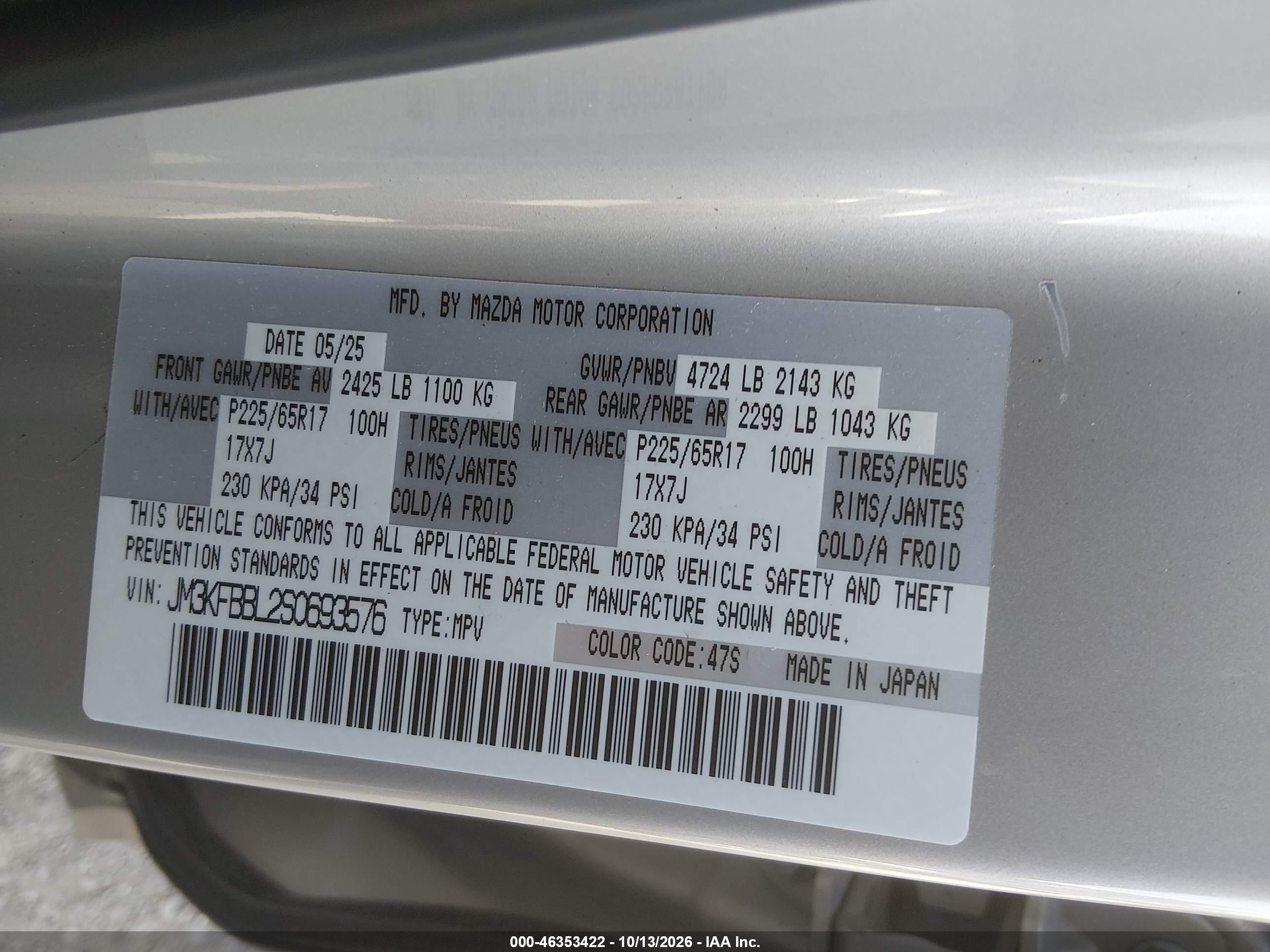 2025 Mazda Cx-5 VIN JM3KFBBL2S0693576 IAAI salvage auction — Unknown, Enterprise Vehicle Bill Of Sale (Washington), sold $6,000 on 2026-10-19 (photo 9)