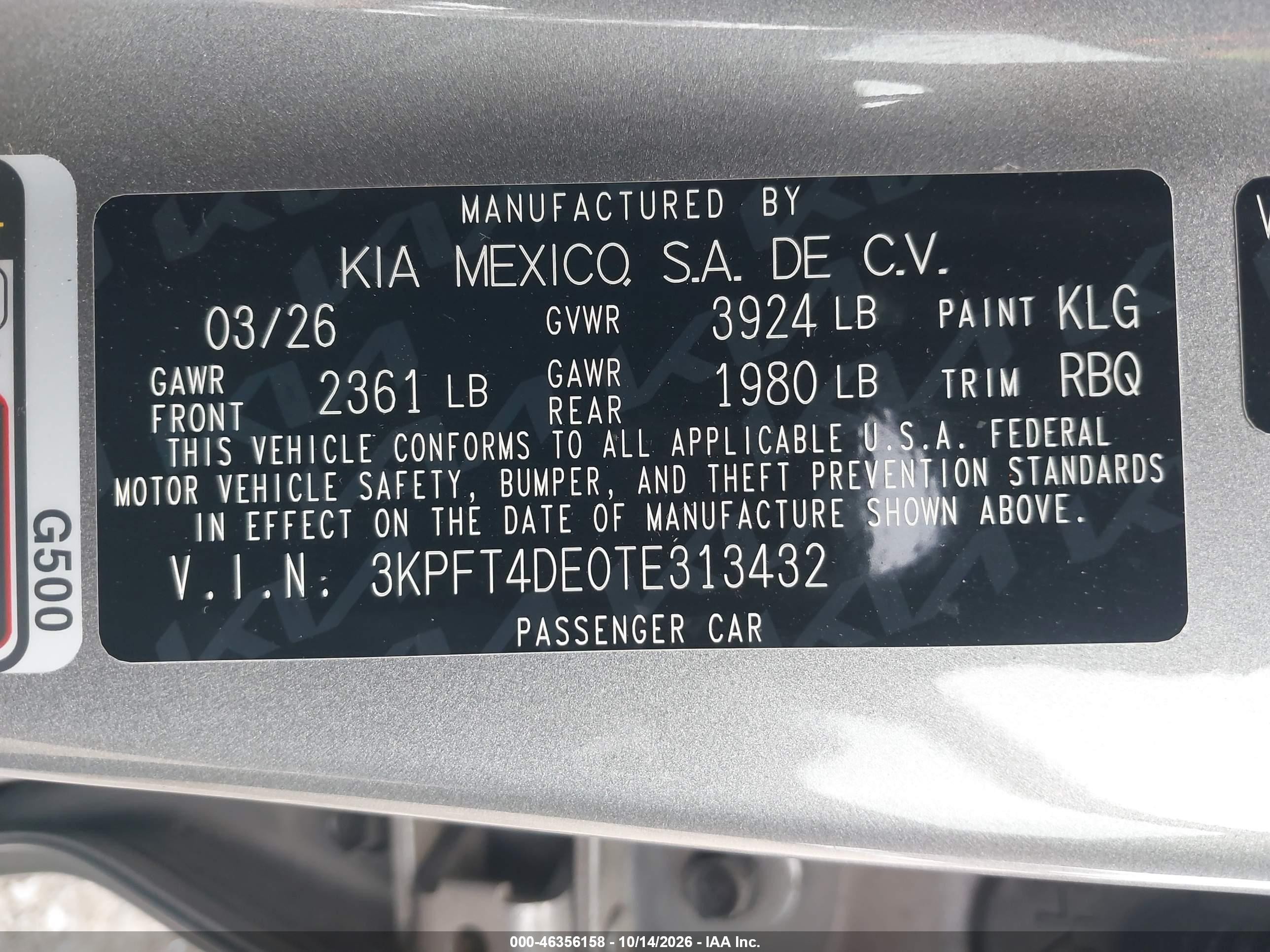 2026 Kia K4 VIN 3KPFT4DE0TE313432 IAAI salvage auction — Rear End, Enterprise Vehicles Clear Only (Oregon), sold $12,500 on 2026-10-17 (photo 9)