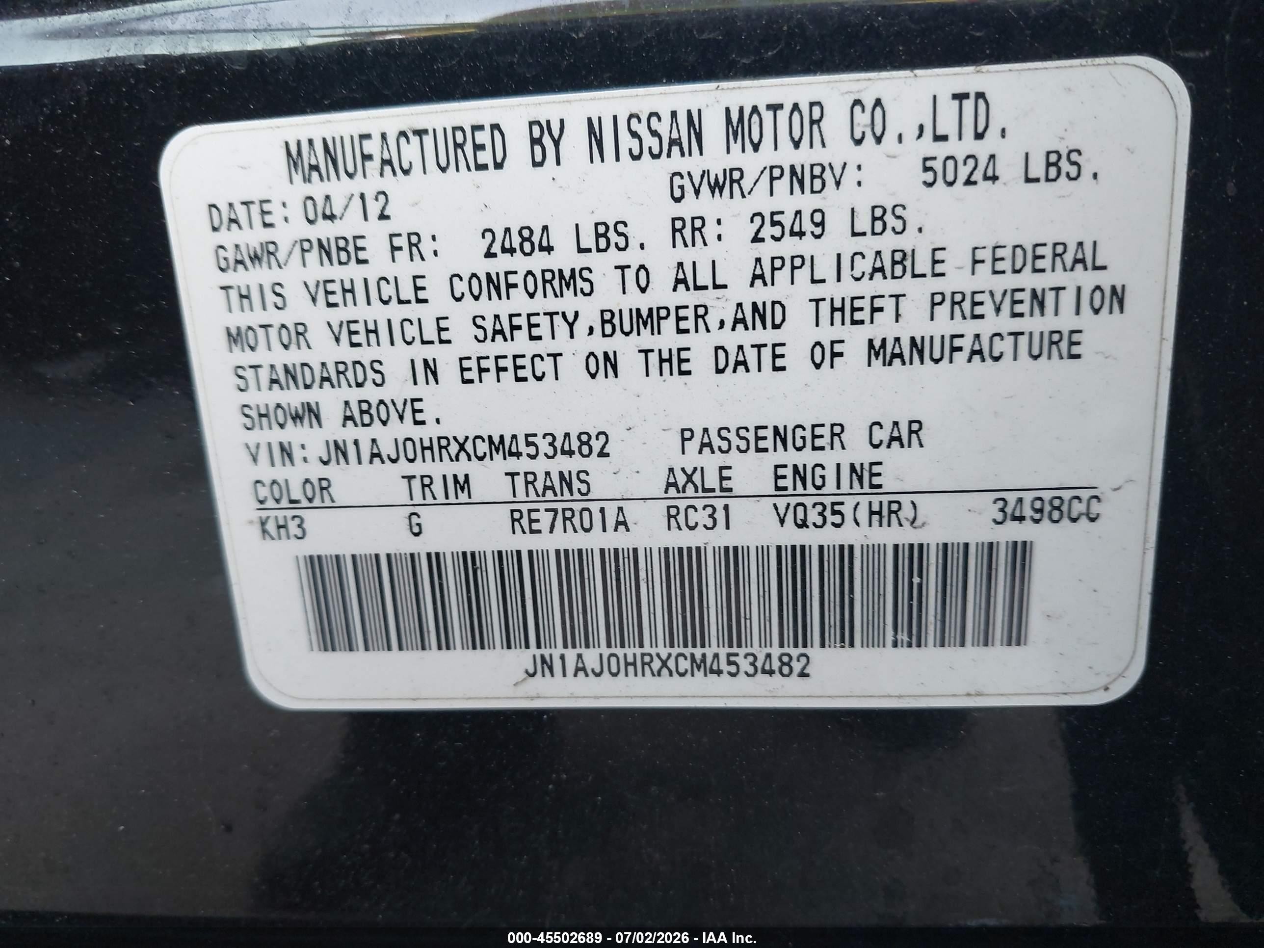 2012 Infiniti Ex VIN JN1AJ0HRXCM453482 IAAI salvage auction — Rear End, Wait Title, sold $600 on 2026-09-20 (photo 9)