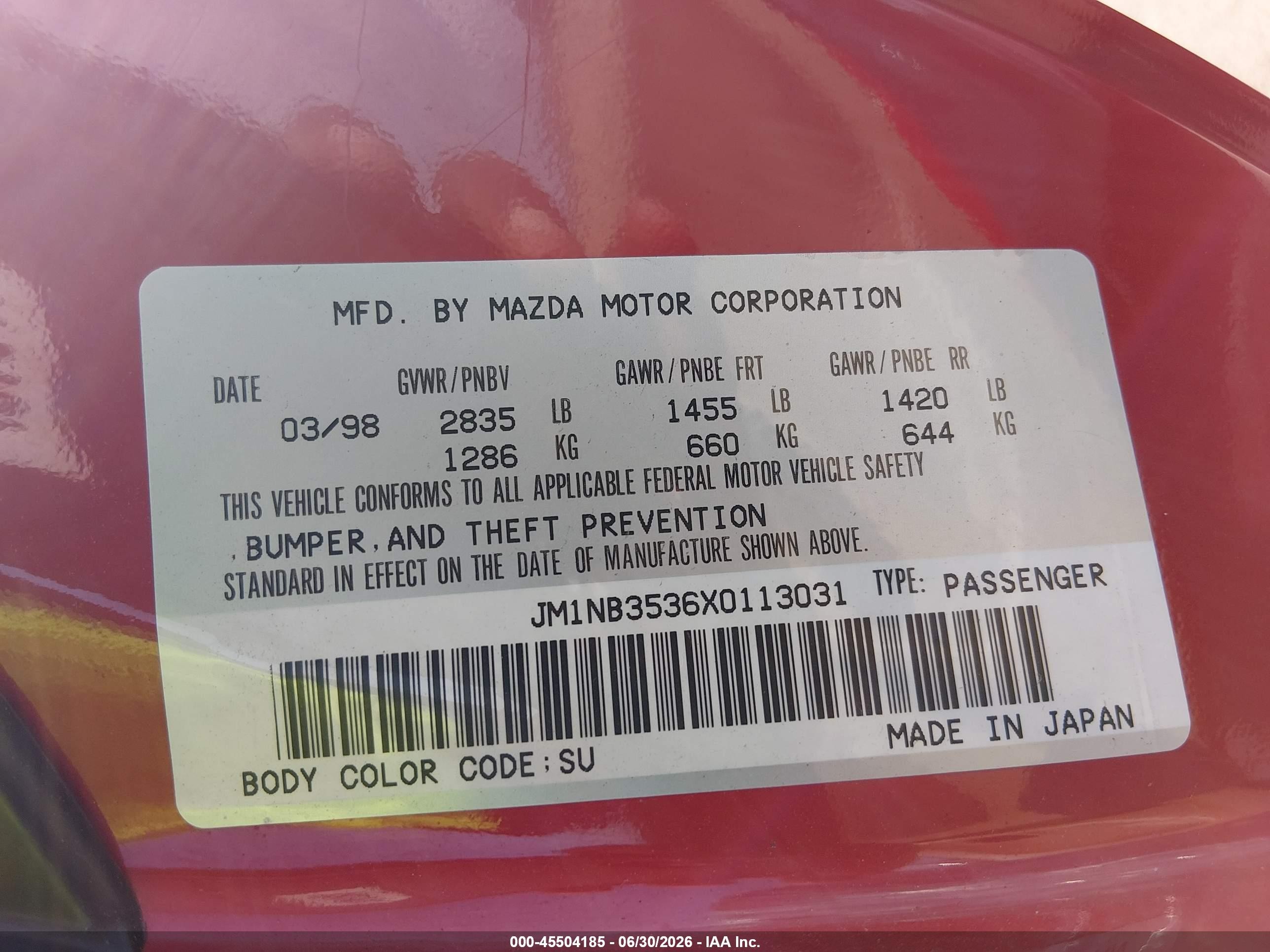 1999 Mazda MX-5 Miata VIN JM1NB3536X0113031 IAAI salvage auction — Rear End, Salvage (Ohio), sold $1,450 on 2026-07-11 (photo 9)