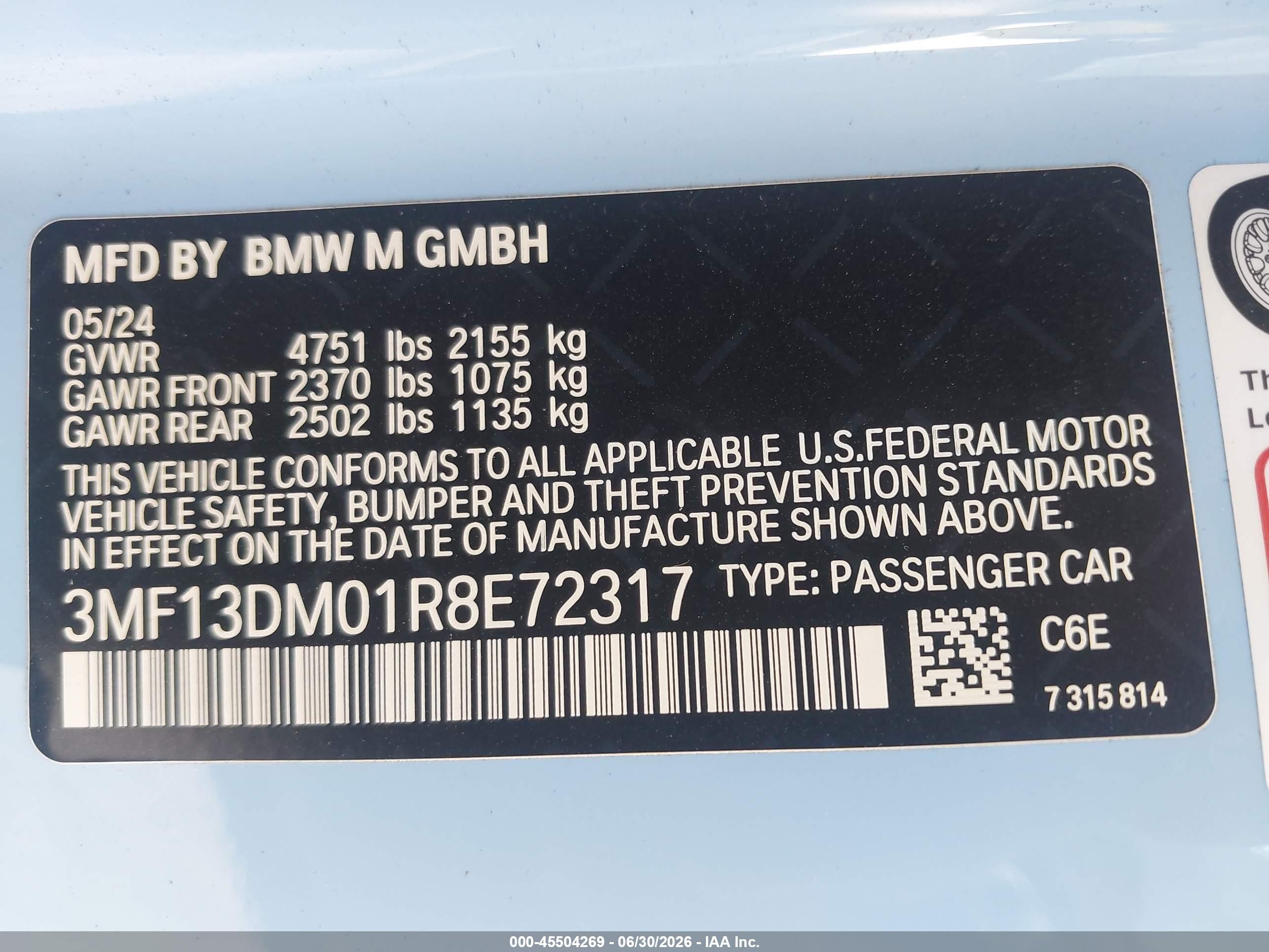 2024 BMW M2 VIN 3MF13DM01R8E72317 IAAI salvage auction — Front End, Salvage (Georgia), sold $22,100 on 2026-09-02 (photo 9)