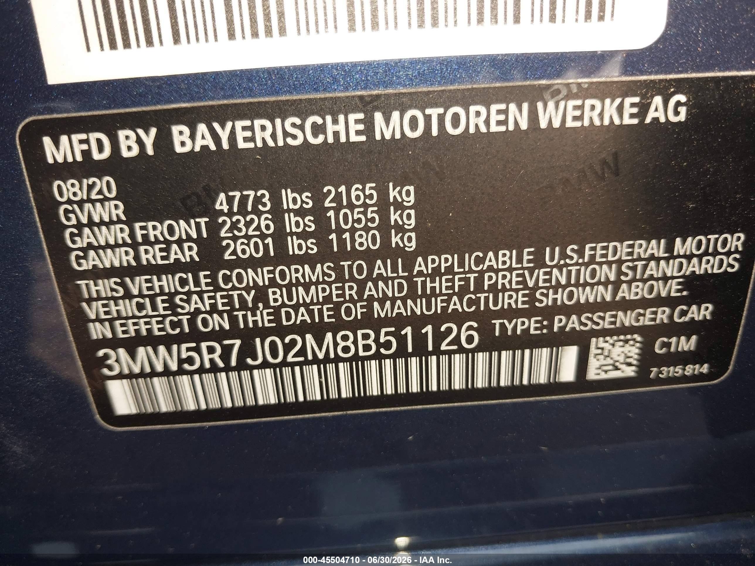 2021 BMW 3er VIN 3MW5R7J02M8B51126 IAAI salvage auction — Front End, Salvage (New Jersey), sold $8,100 on 2026-09-11 (photo 9)
