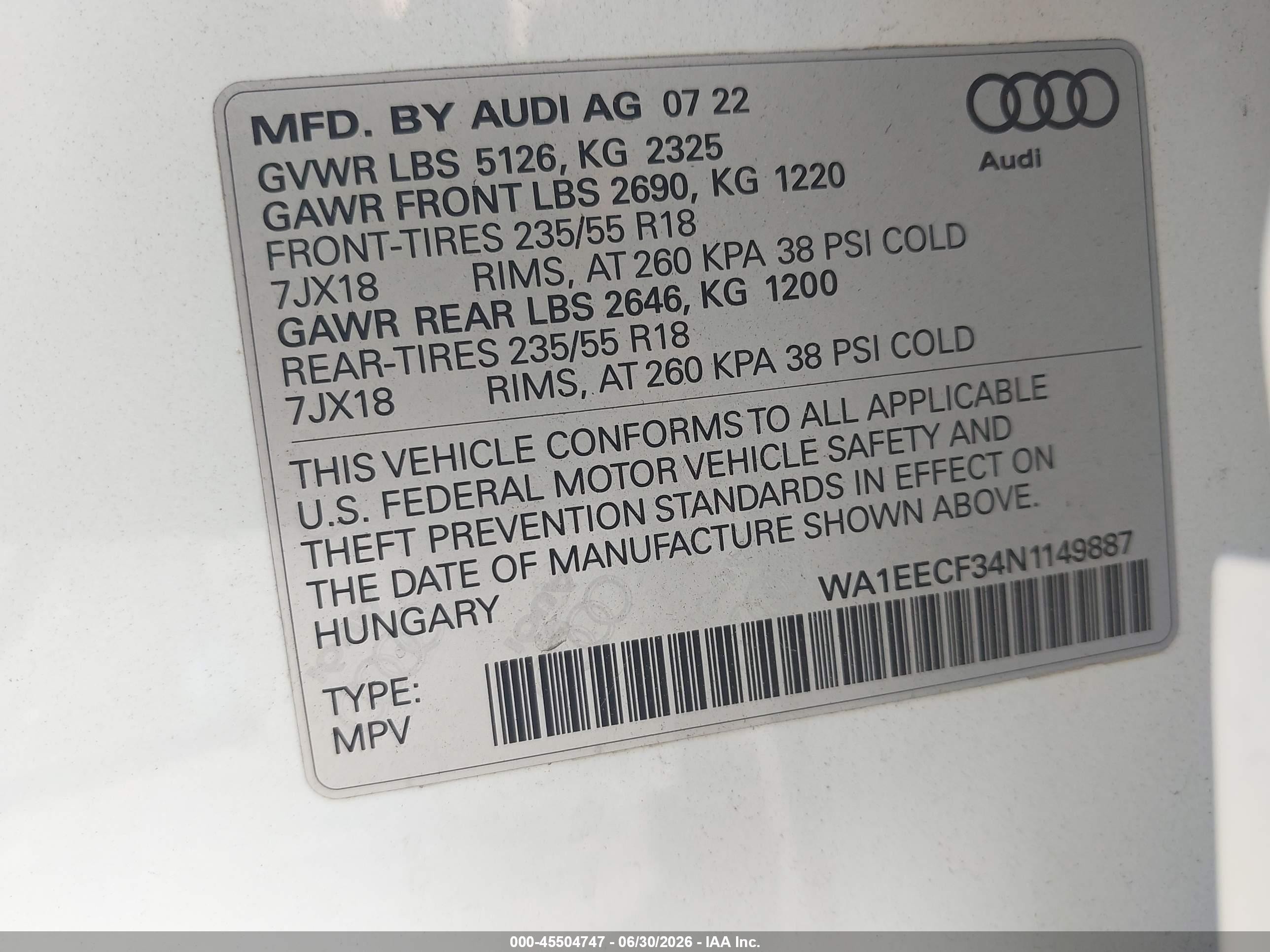 2022 Audi Q3 VIN WA1EECF34N1149887 IAAI salvage auction — Side, Salvage (Idaho), sold $11,600 on 2026-09-05 (photo 9)