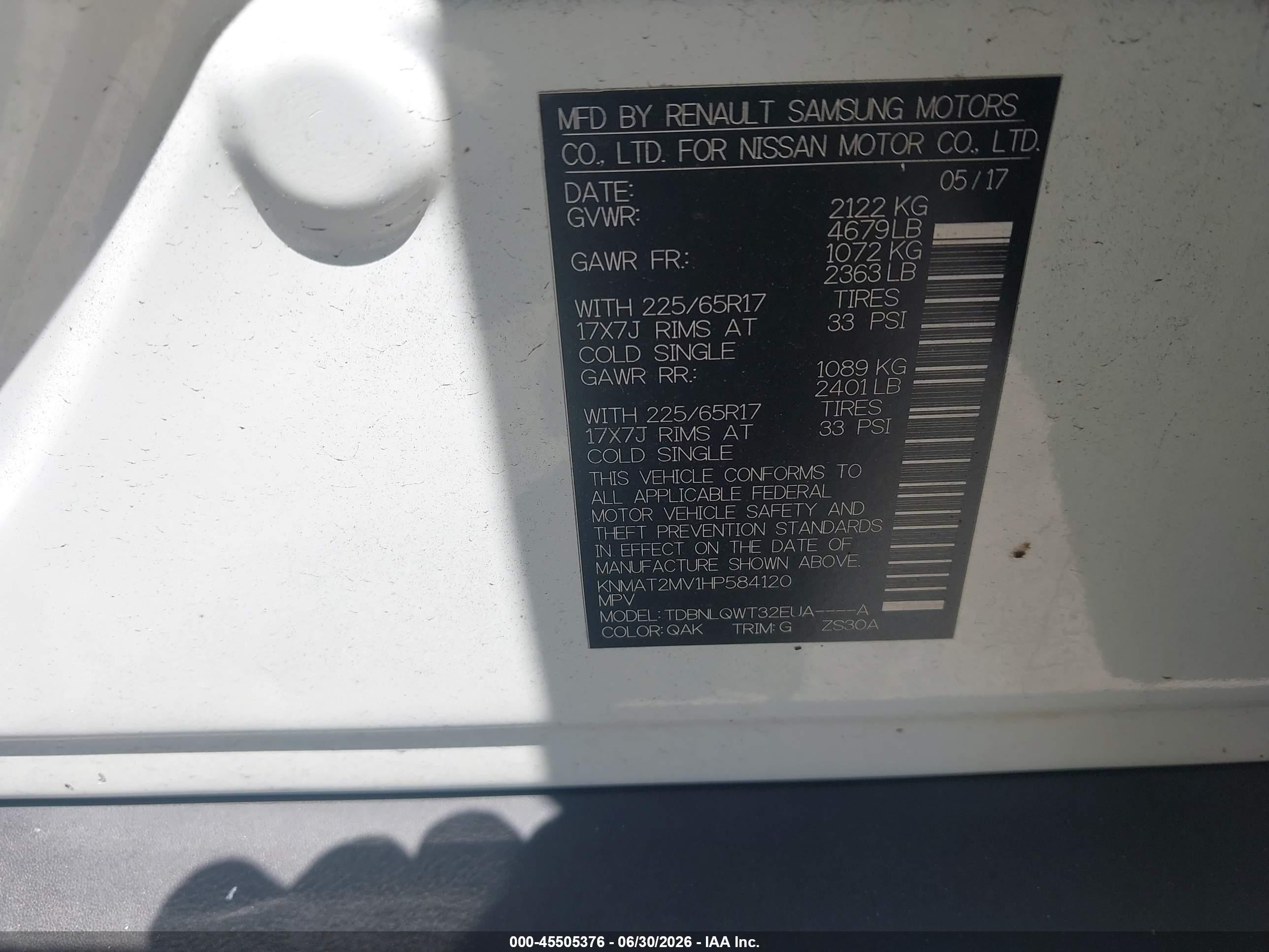 2017 Nissan Rogue VIN KNMAT2MV1HP584120 IAAI salvage auction — Normal Wear, Clear - Dealer Only (California), sold $1,675 on 2026-07-09 (photo 9)