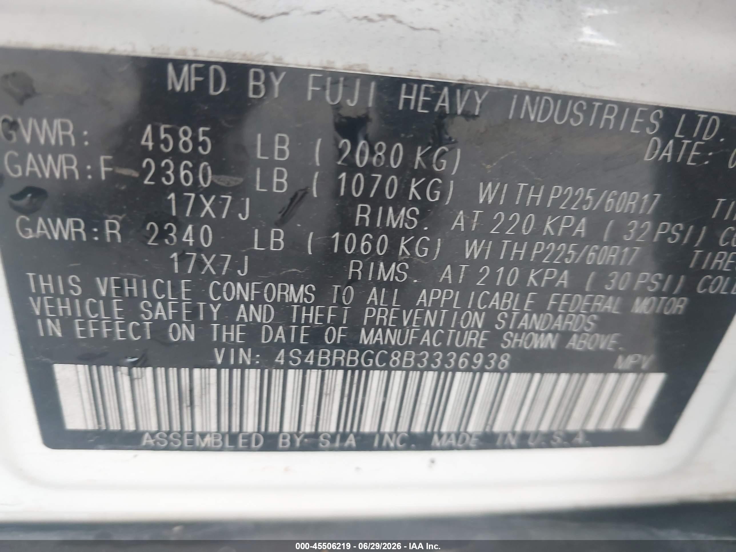 2011 Subaru Outback VIN 4S4BRBGC8B3336938 IAAI salvage auction — Normal Wear, Clear (Utah), sold $275 on 2026-07-09 (photo 9)