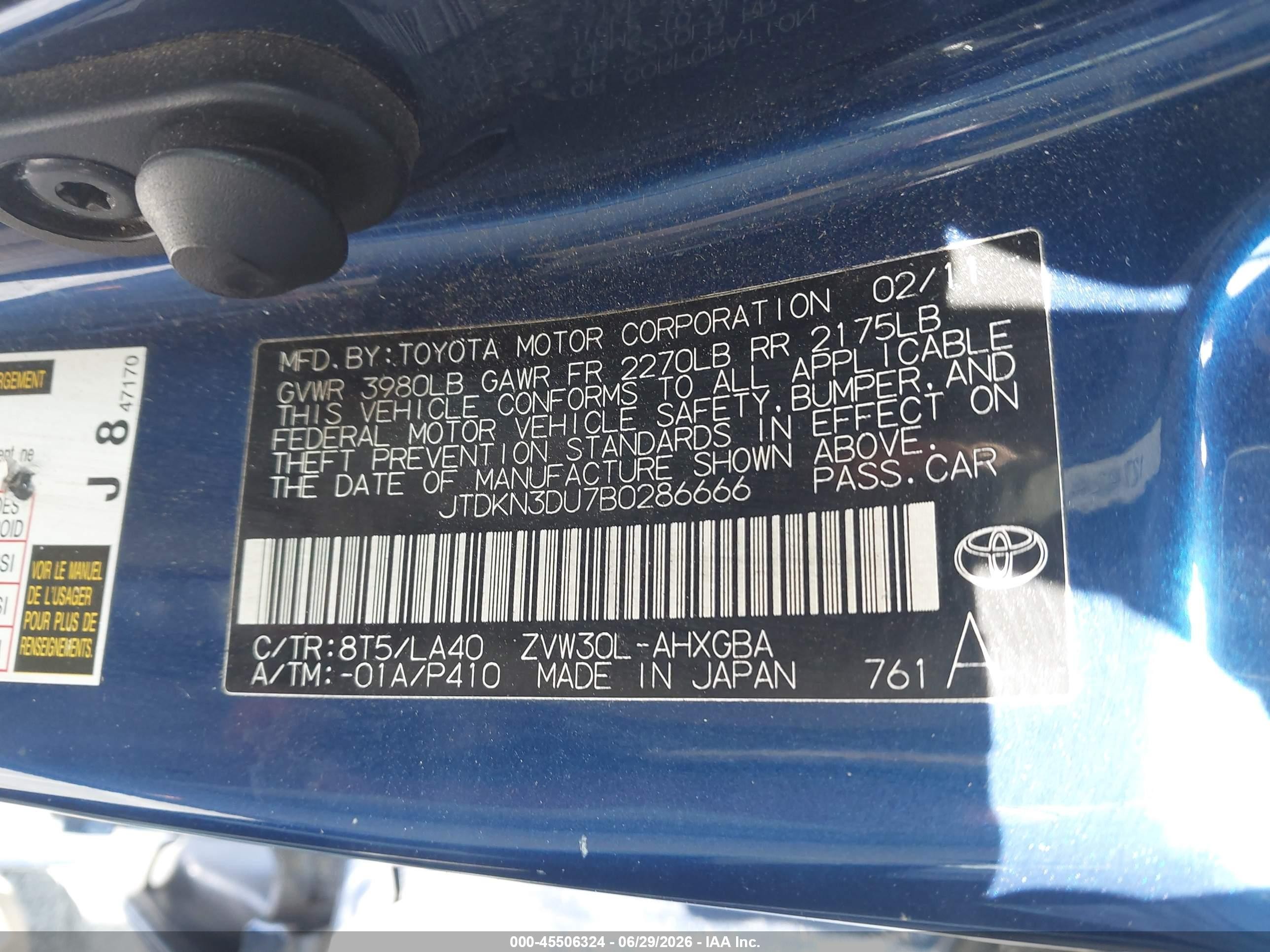 2011 Toyota Prius VIN JTDKN3DU7B0286666 IAAI salvage auction — Normal Wear, Clear - Dealer Only (California), sold $550 on 2026-07-09 (photo 9)