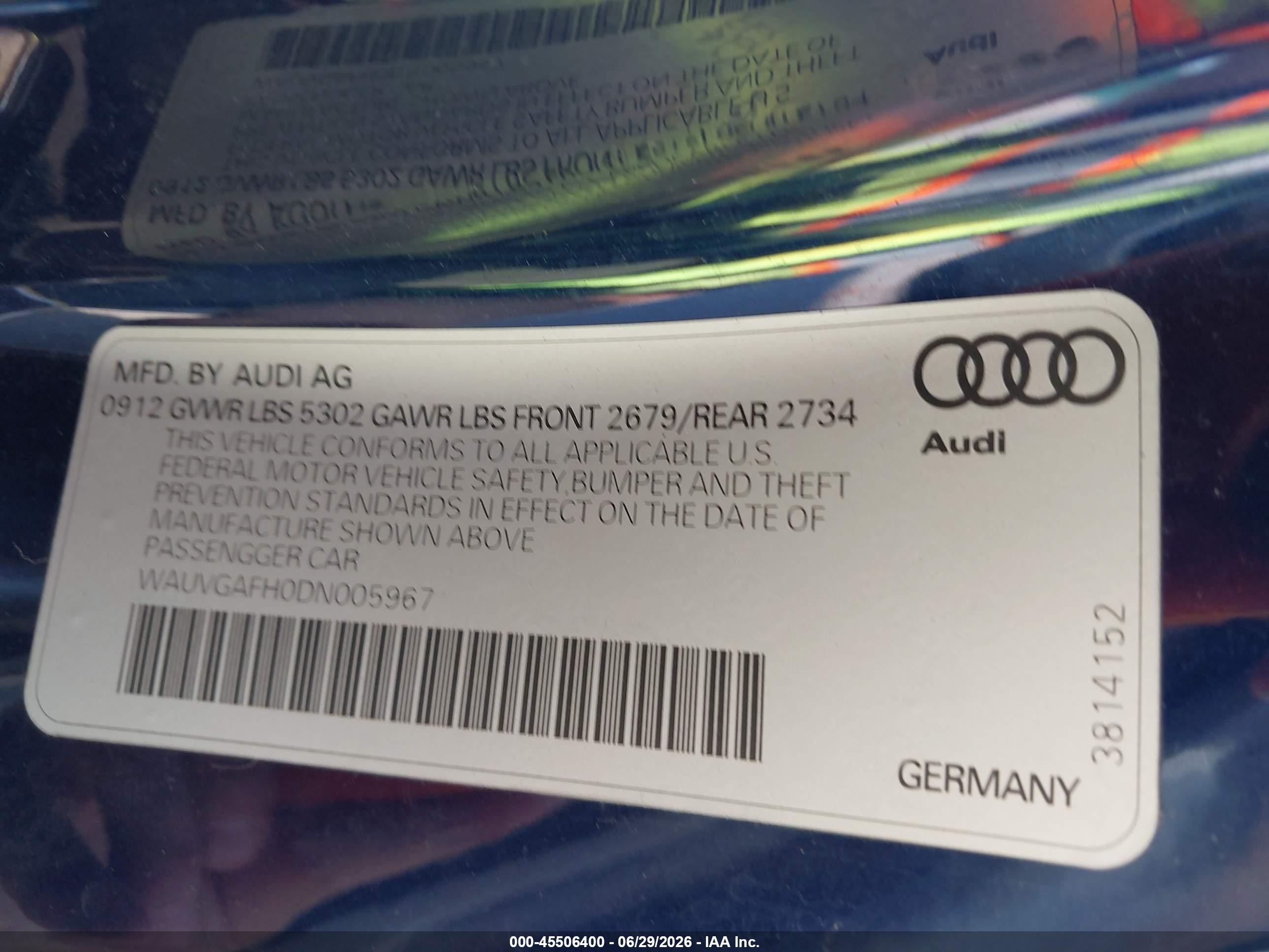 2013 Audi S5 VIN WAUVGAFH0DN005967 IAAI salvage auction — Front End, Regular (South Dakota), sold $3,100 on 2026-09-19 (photo 9)