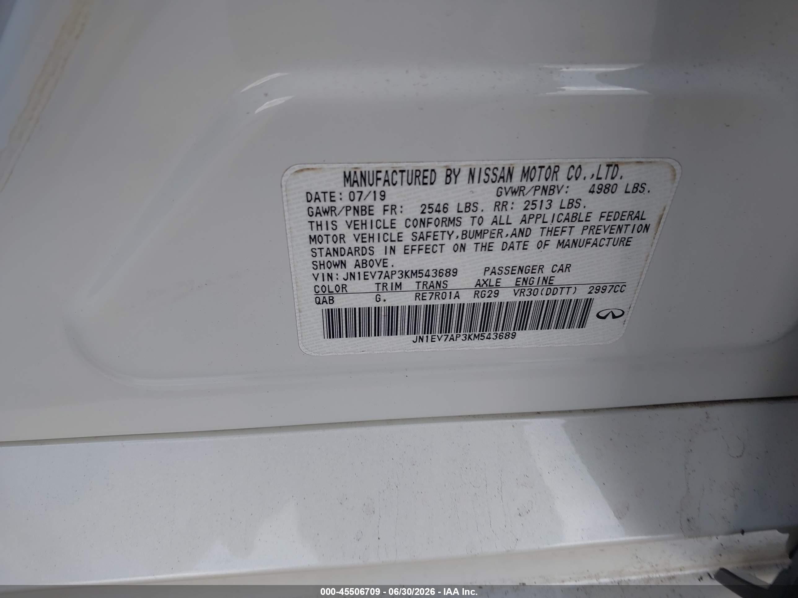 2019 Infiniti Q50 VIN JN1EV7AP3KM543689 IAAI salvage auction — Front End, Rebuildable (Florida), sold $3,200 on 2026-09-26 (photo 9)