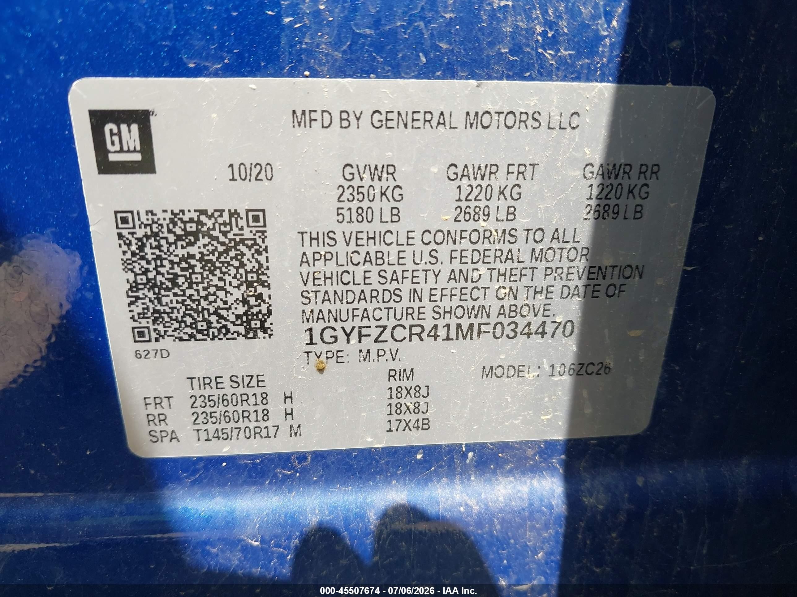 2021 Cadillac Xt4 VIN 1GYFZCR41MF034470 IAAI salvage auction — Front End, Clear (Oklahoma), sold $3,000 on 2026-09-12 (photo 9)