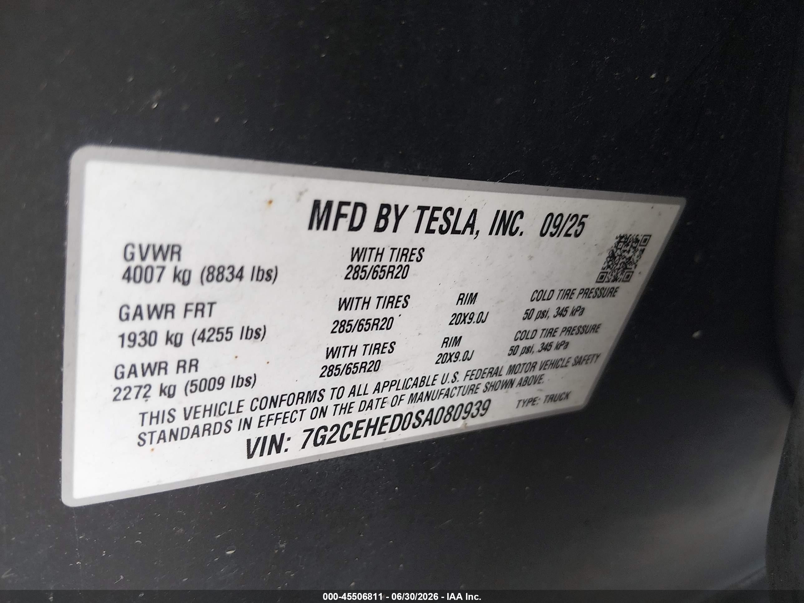 2025 Tesla Cybertruck VIN 7G2CEHED0SA080939 IAAI salvage auction — Rear End, Salvage (Ohio), sold $31,250 on 2026-08-25 (photo 9)