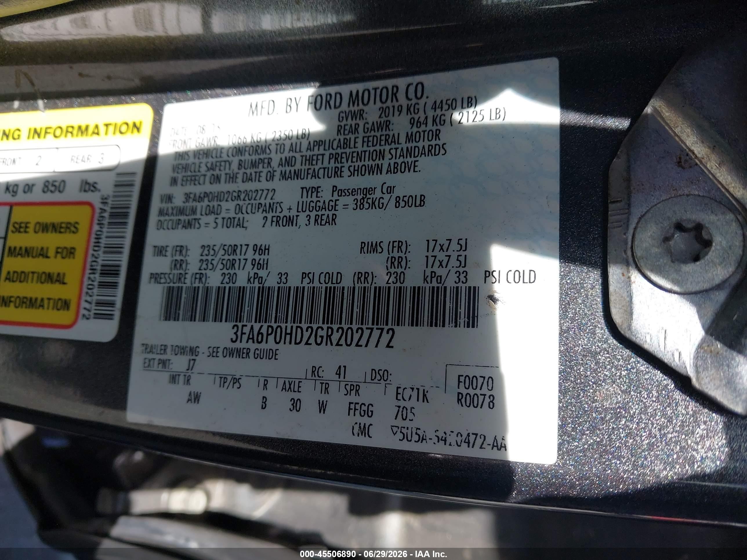2016 Ford Fusion VIN 3FA6P0HD2GR202772 IAAI salvage auction — Normal Wear, Clear - Dealer Only (California), sold $775 on 2026-07-09 (photo 9)