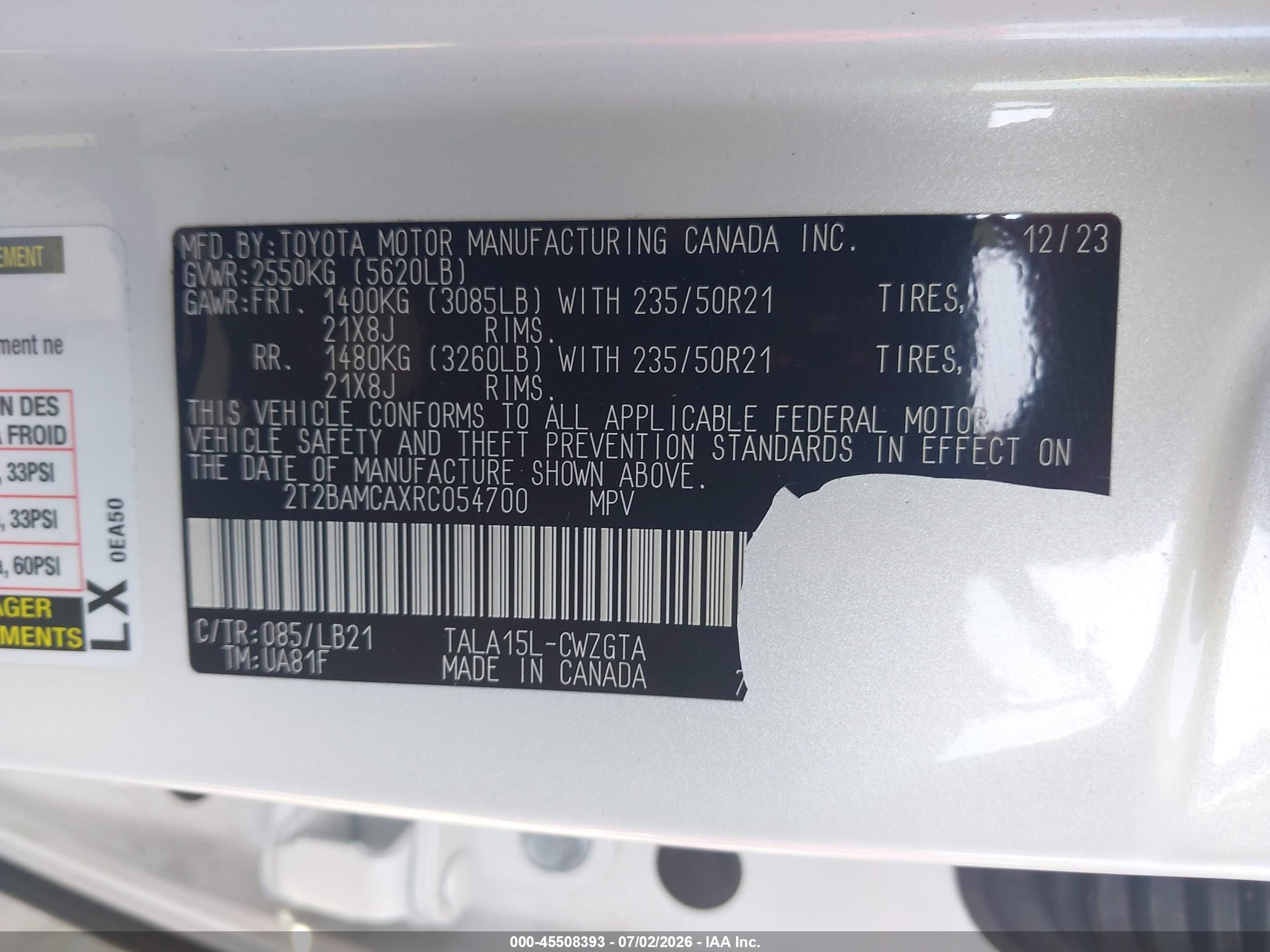2024 Lexus Rx VIN 2T2BAMCAXRC054700 IAAI salvage auction — Rear End, Salvage - 75% Or Less (Maryland), sold $31,300 on 2026-08-24 (photo 9)