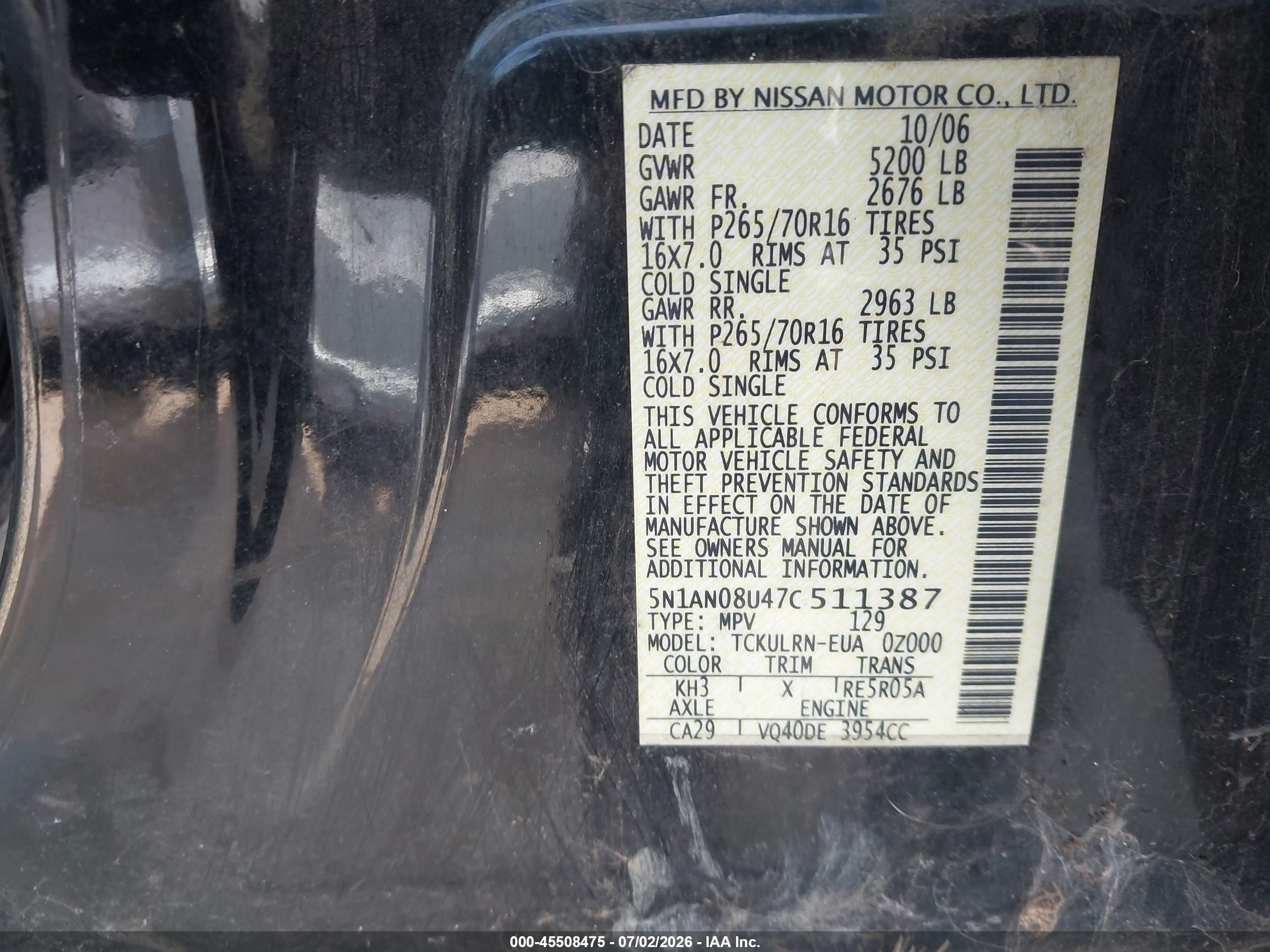 2007 Nissan Xterra VIN 5N1AN08U47C511387 IAAI salvage auction — Normal Wear, Clear - Dealer Only (California), sold $675 on 2026-07-09 (photo 9)