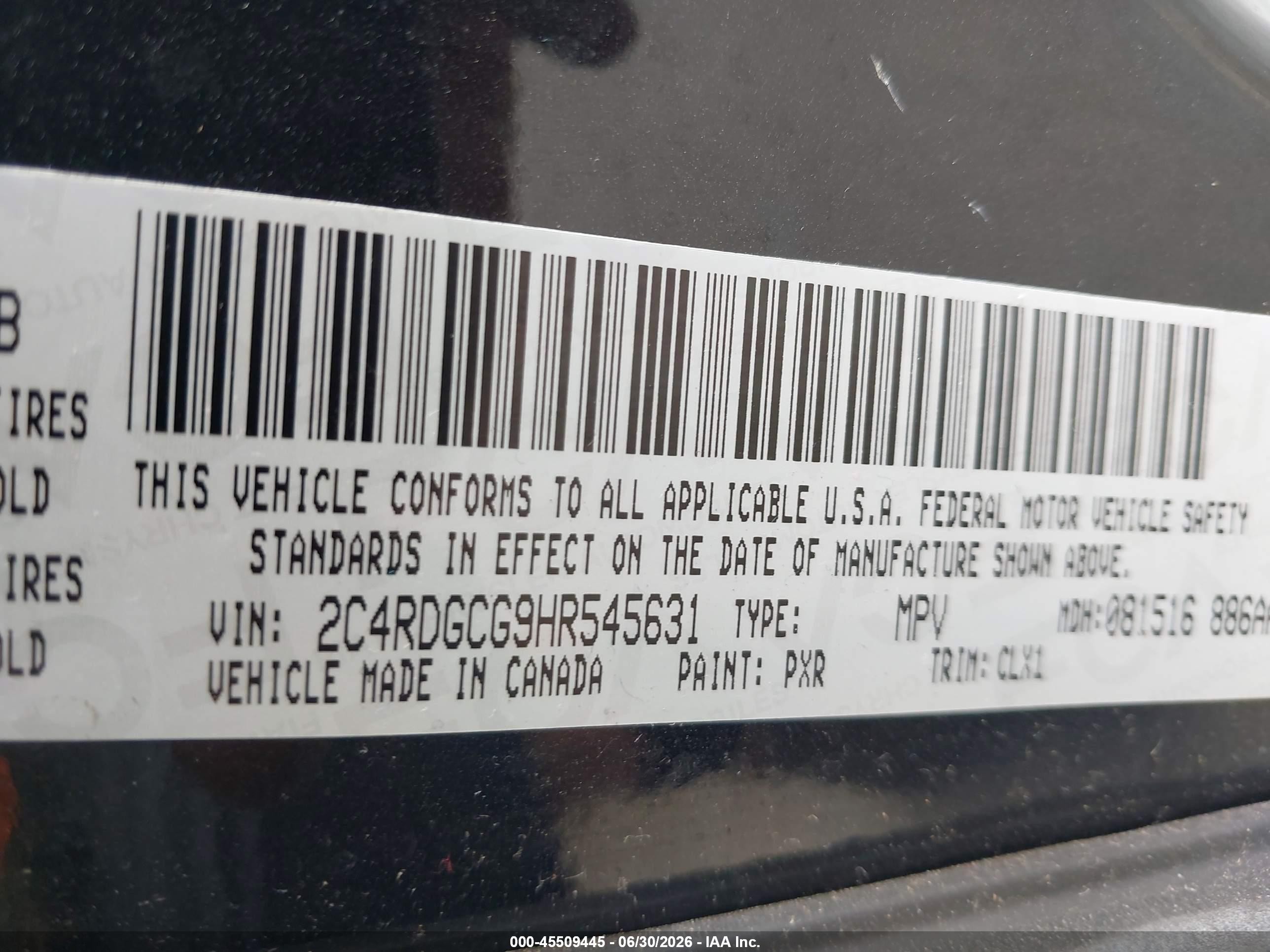2017 Dodge Grand Caravan VIN 2C4RDGCG9HR545631 IAAI salvage auction — Normal Wear, Clear (Utah), sold $350 on 2026-07-09 (photo 9)
