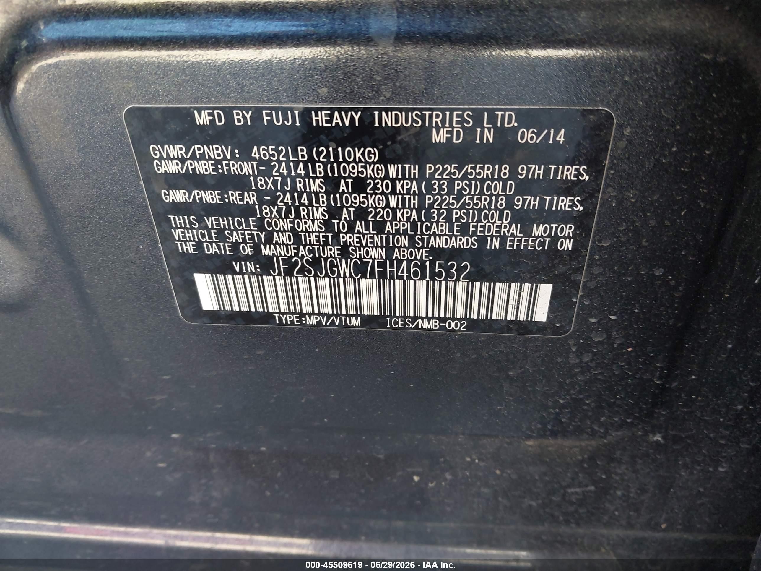2015 Subaru Forester VIN JF2SJGWC7FH461532 IAAI salvage auction — Normal Wear, Clear - Dealer Only (California), sold $400 on 2026-07-09 (photo 9)