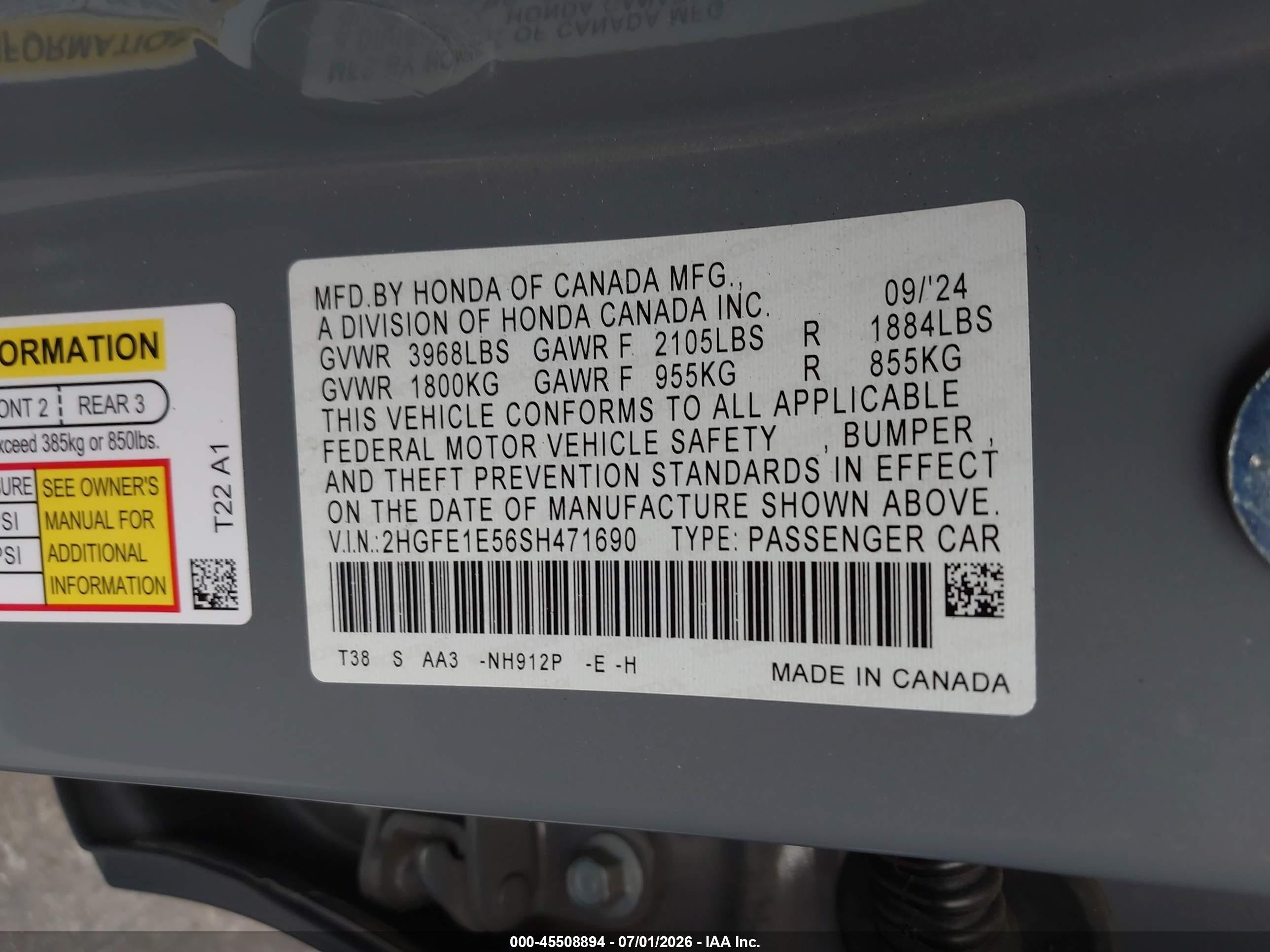 2025 Honda Civic VIN 2HGFE1E56SH471690 IAAI salvage auction — Rear End, Salvage Certificate (California), sold $12,100 on 2026-09-12 (photo 9)