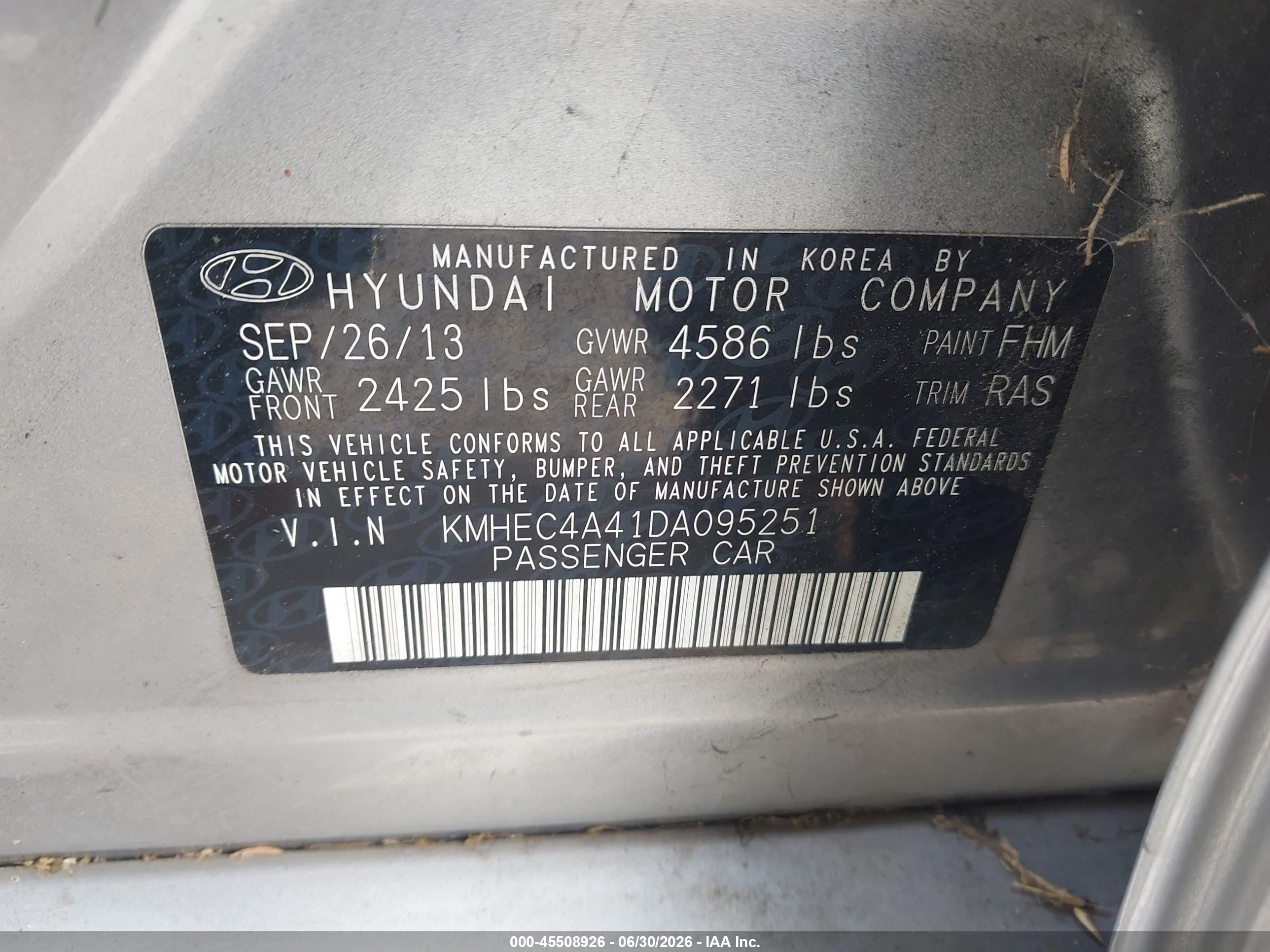 2013 Hyundai Sonata Hybrid VIN KMHEC4A41DA095251 IAAI salvage auction — Normal Wear, Clear - Dealer Only (California), sold $600 on 2026-07-09 (photo 9)