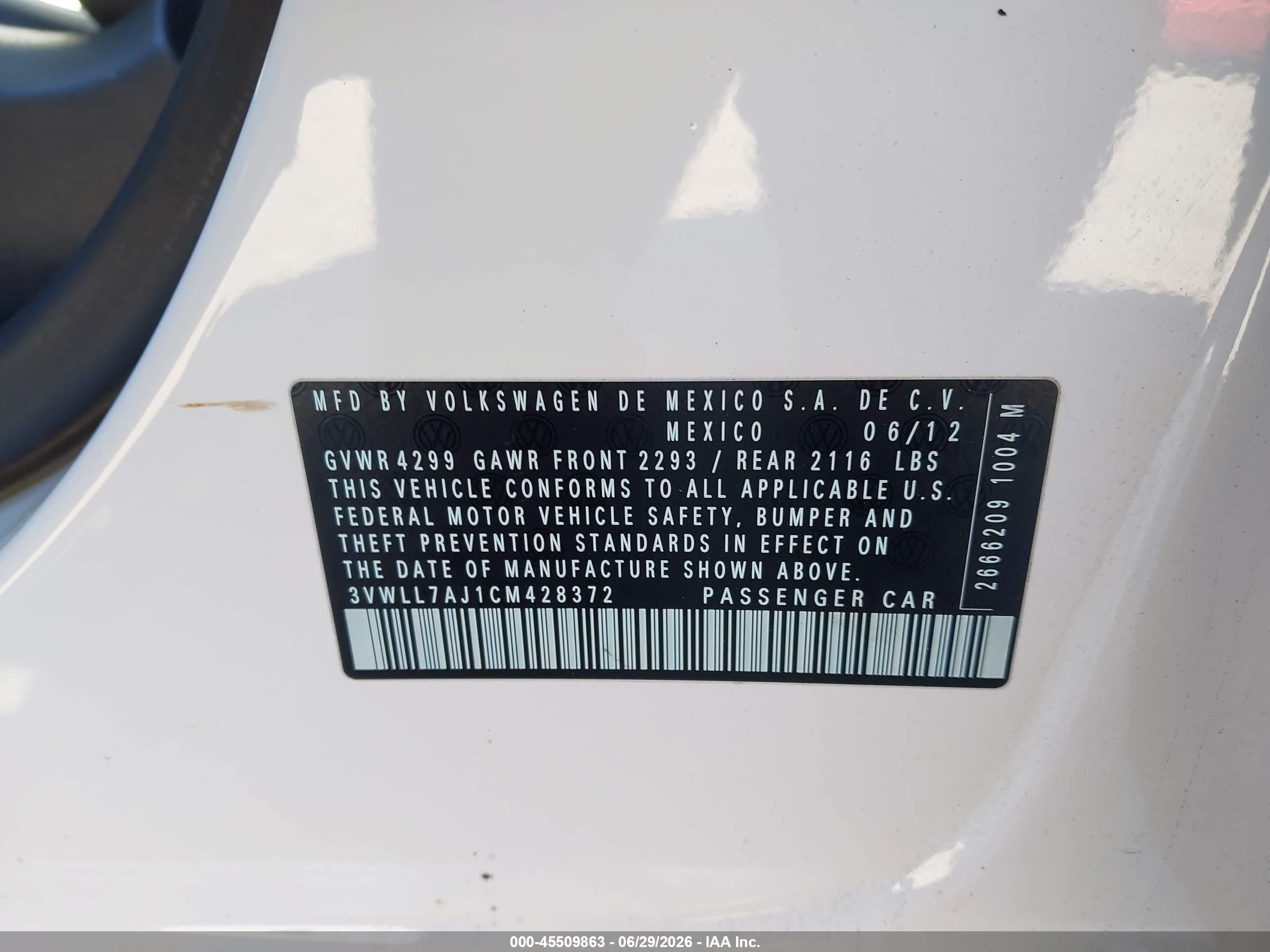2012 Volkswagen Jetta VIN 3VWLL7AJ1CM428372 IAAI salvage auction — Normal Wear, Clear - Dealer Only (California), sold $825 on 2026-07-09 (photo 9)