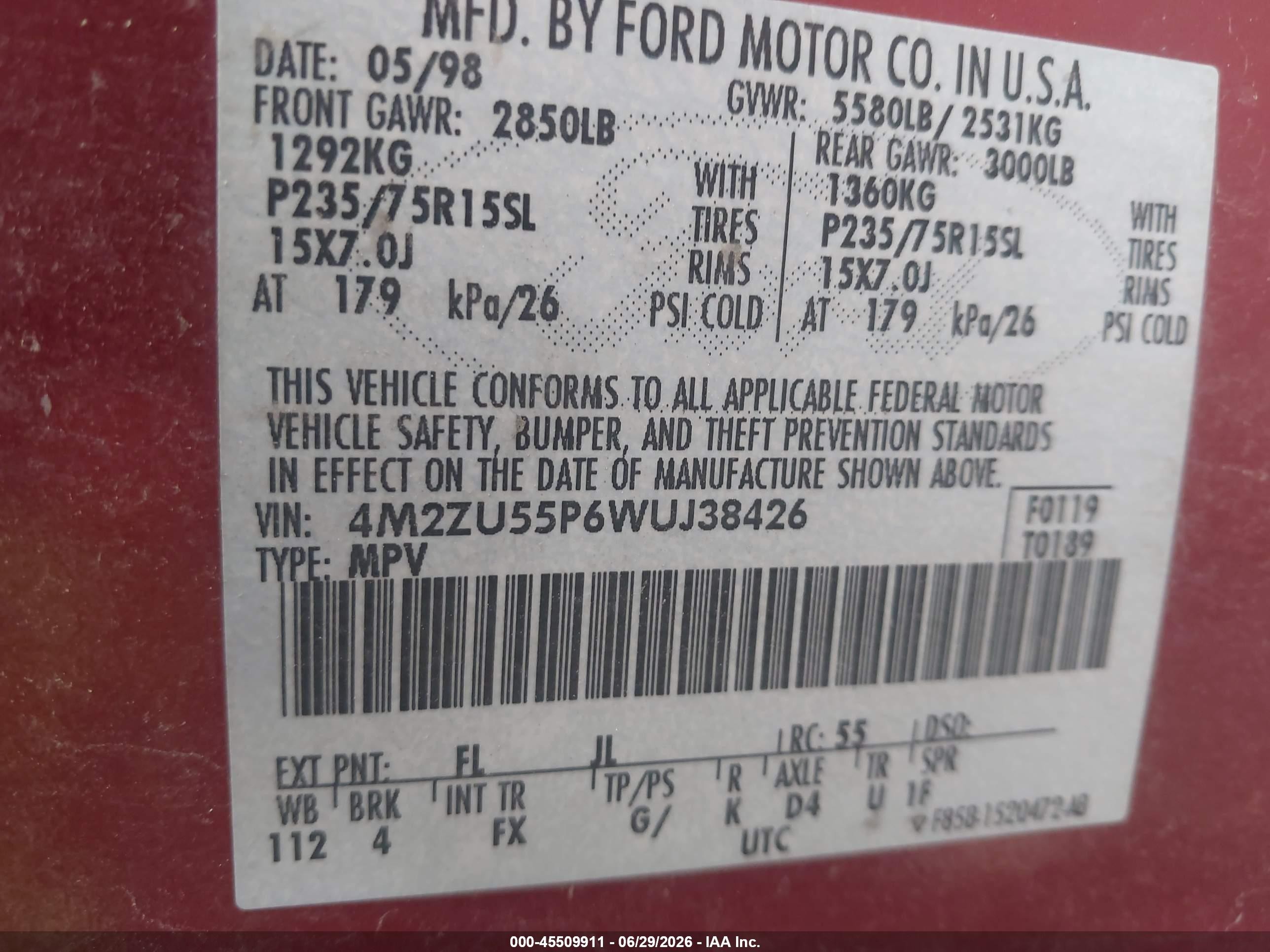 1998 Mercury Mountaineer VIN 4M2ZU55P6WUJ38426 IAAI salvage auction — Normal Wear, Clear (Utah), sold $275 on 2026-07-02 (photo 9)