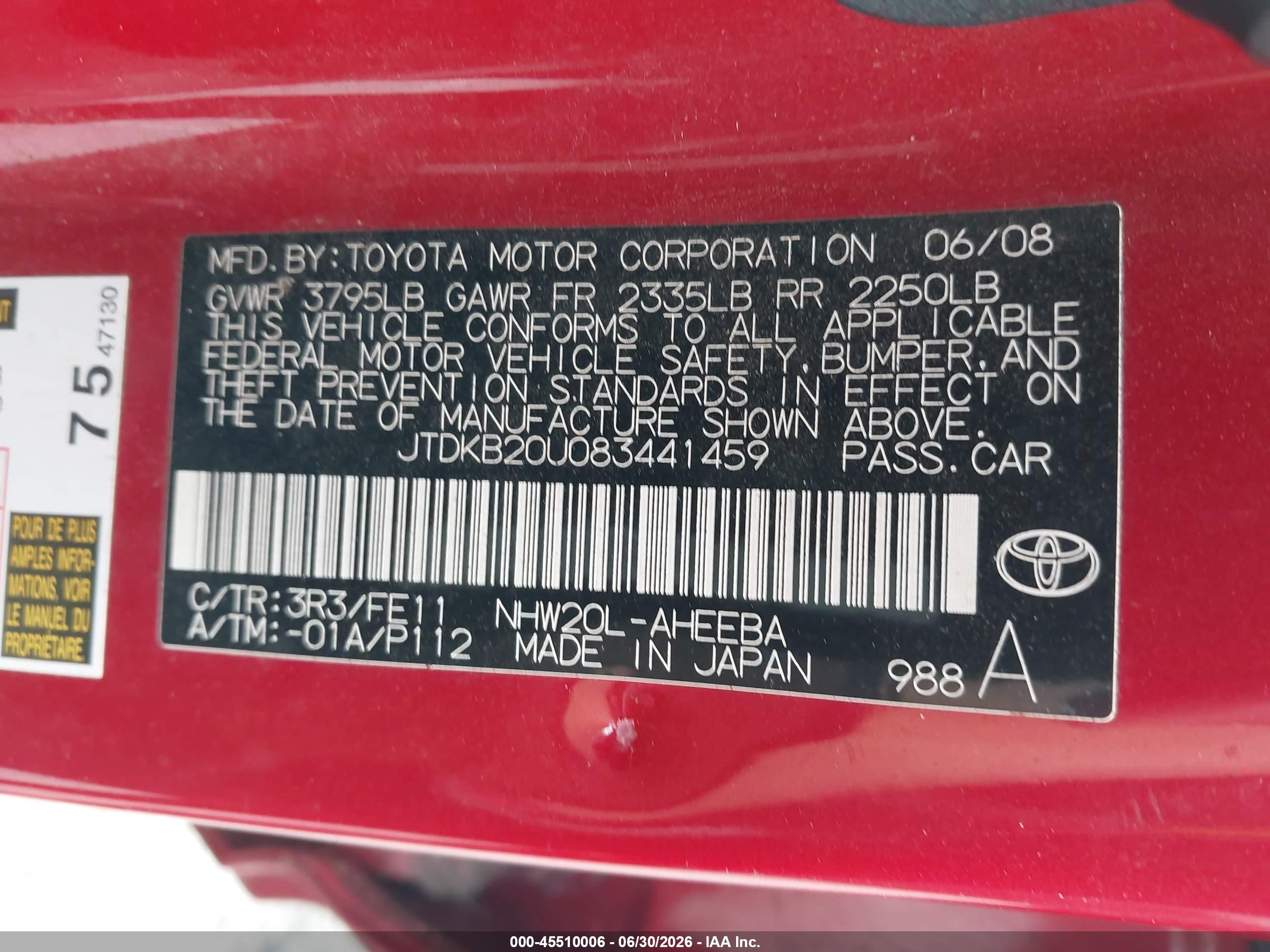 2008 Toyota Prius VIN JTDKB20U083441459 IAAI salvage auction — Normal Wear, Clear - Dealer Only (California), sold $300 on 2026-07-02 (photo 9)