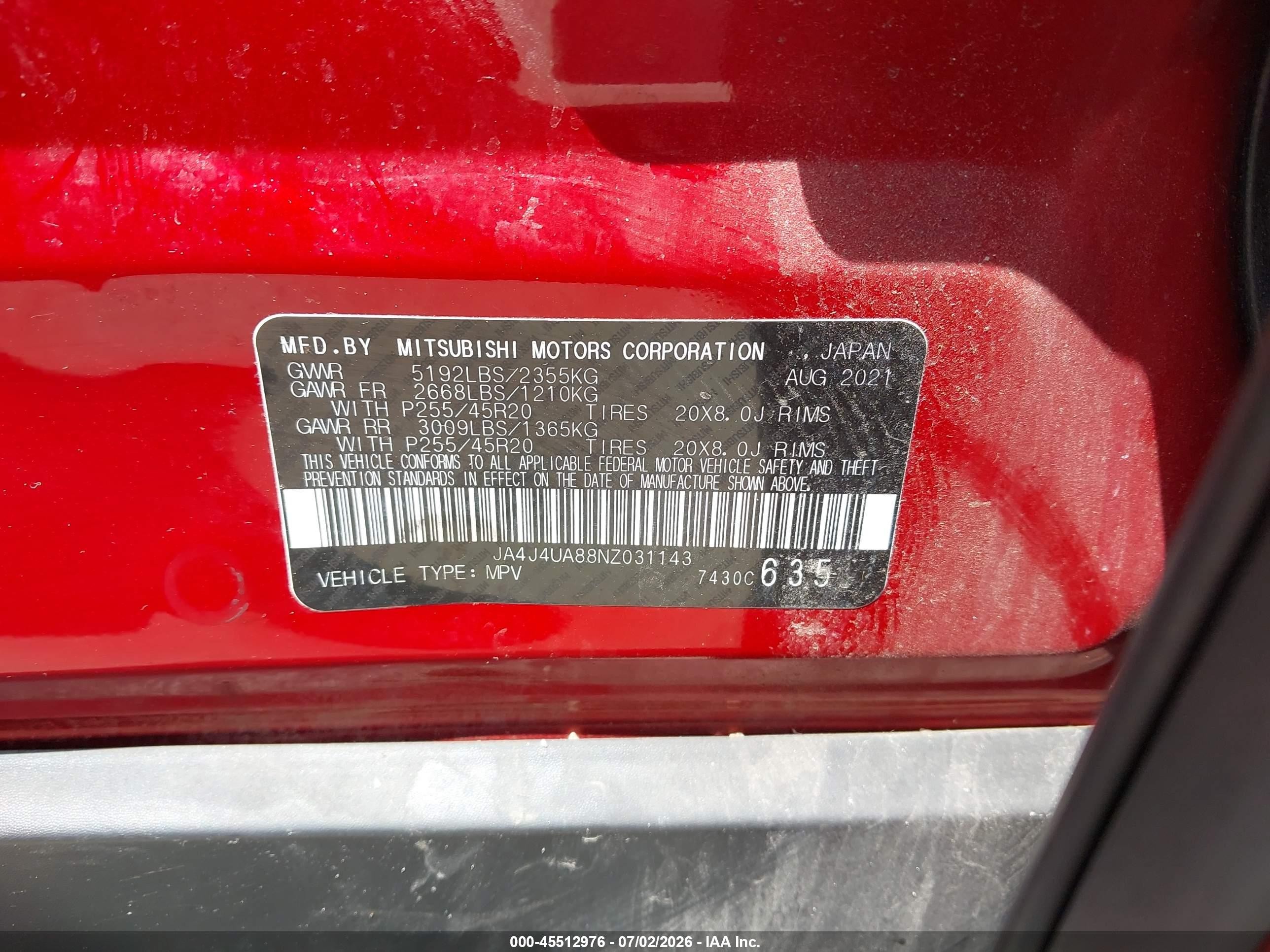 2022 Mitsubishi Outlander VIN JA4J4UA88NZ031143 IAAI salvage auction — Front End, Salvage (Ohio), sold $2,950 on 2026-08-25 (photo 9)